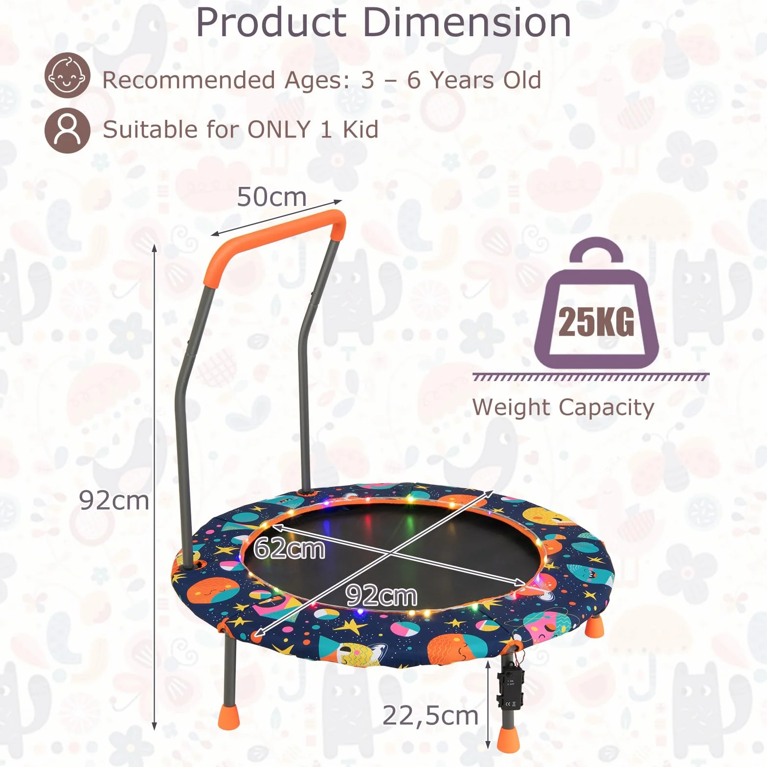 KOMFOTTEU Trampolina dziecięca, Ø 92 cm, mini trampolina ze światłami LED, trampolina ogrodowa z uchwytem i matą bezpieczeństwa, trampolina dla dzieci w wieku 3-6 lat