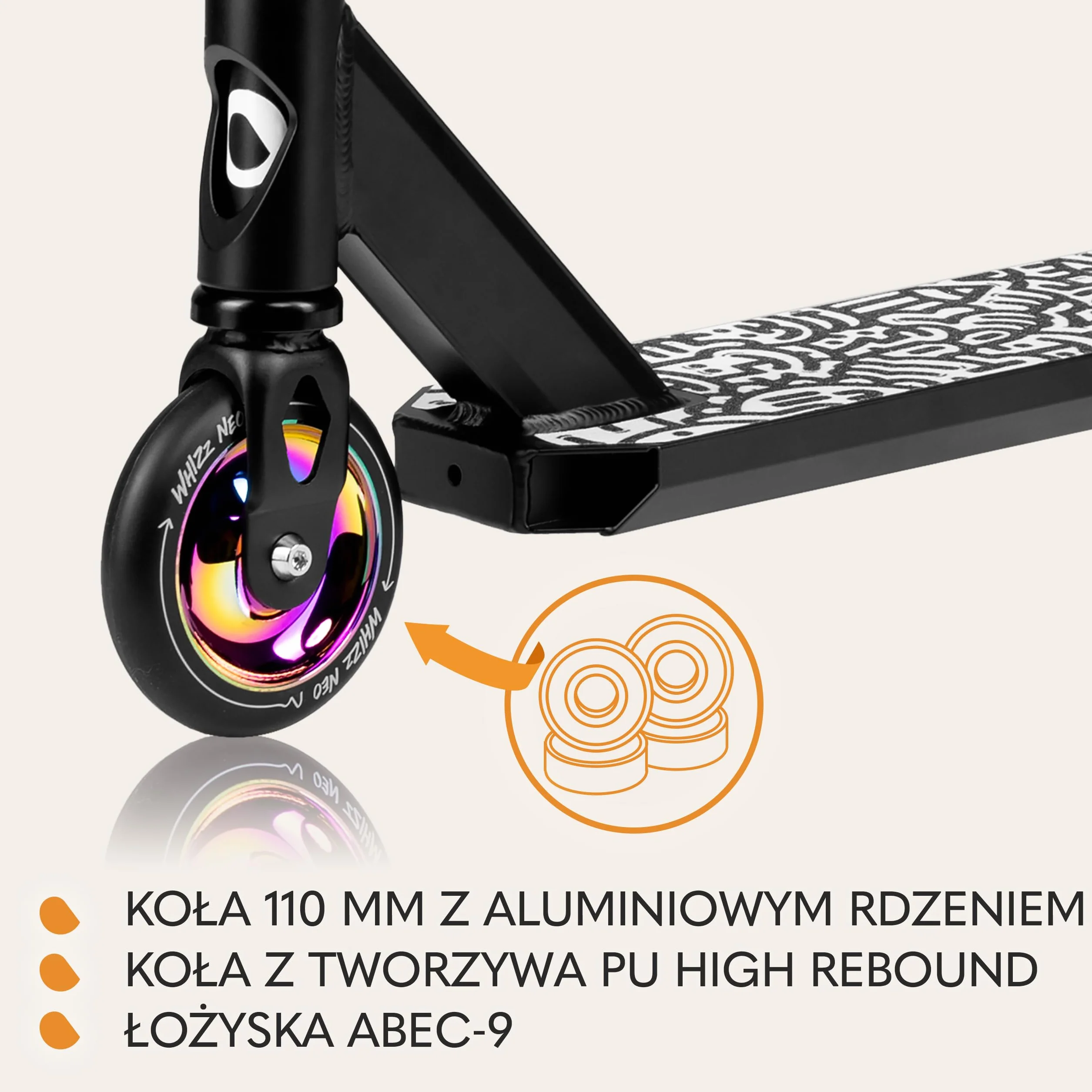 LIONELO Whizz Hulajnoga Wyczynowa Dziecięca do 100 kg, Łożyska ABEC-9, Hulajnoga Aluminiowa, System Kompresji HIC, Koła 110 mm, Szeroka Kierownica Y-bar, Hamulec Flex Fender MN Steel