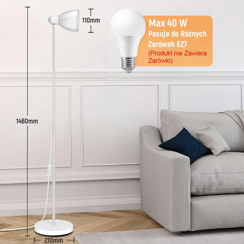 OUSFOT Lampa Podłogowa 146cm E27 40W Biała Regulowana