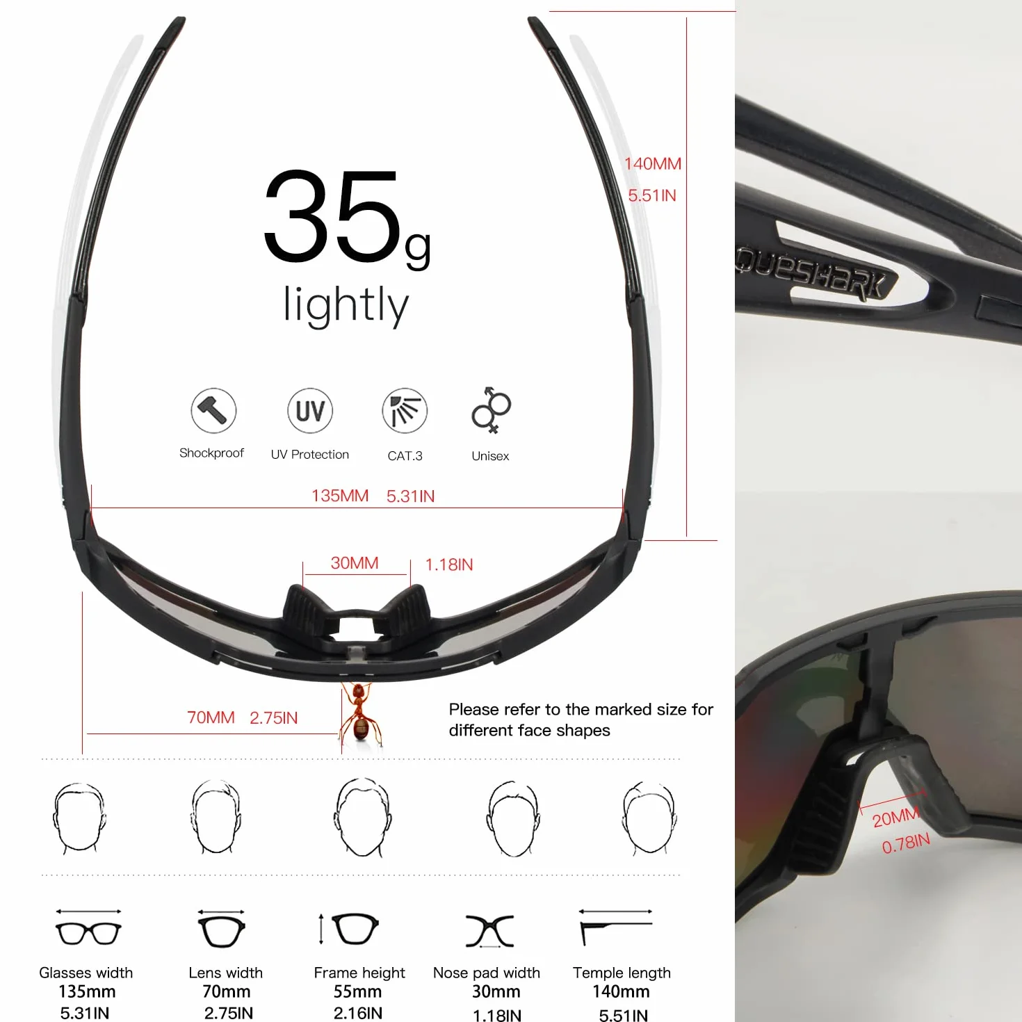 Queshark Okulary Rowerowe Spolaryzowane Sportowe Okulary Przeciwsłoneczne TR90 Unbreakable Frame Okulary Rowerowe Dla Kobiet Mężczyzn z 3 Wymiennymi Soczewkami Anti-UV400 do Jazdy Wędkarstwo Glof Baseball Bieganie Piesze Wycieczki