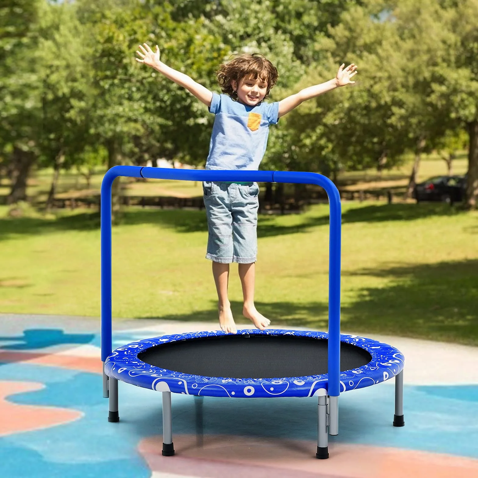 KOMFOTTEU Mini trampolina dla dzieci 92 cm składana z uchwytem i osłoną bezpieczeństwa do 150 kg