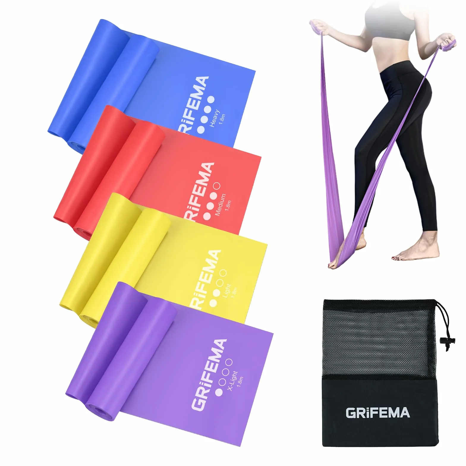 GRIFEMA GA5002 Gumowe Taśmy Fitness [Zestaw 4] 1,8M, Taśmy Oporowe z 4 Poziomami Oporu do Treningu Siłowego, Jogi, Pilates