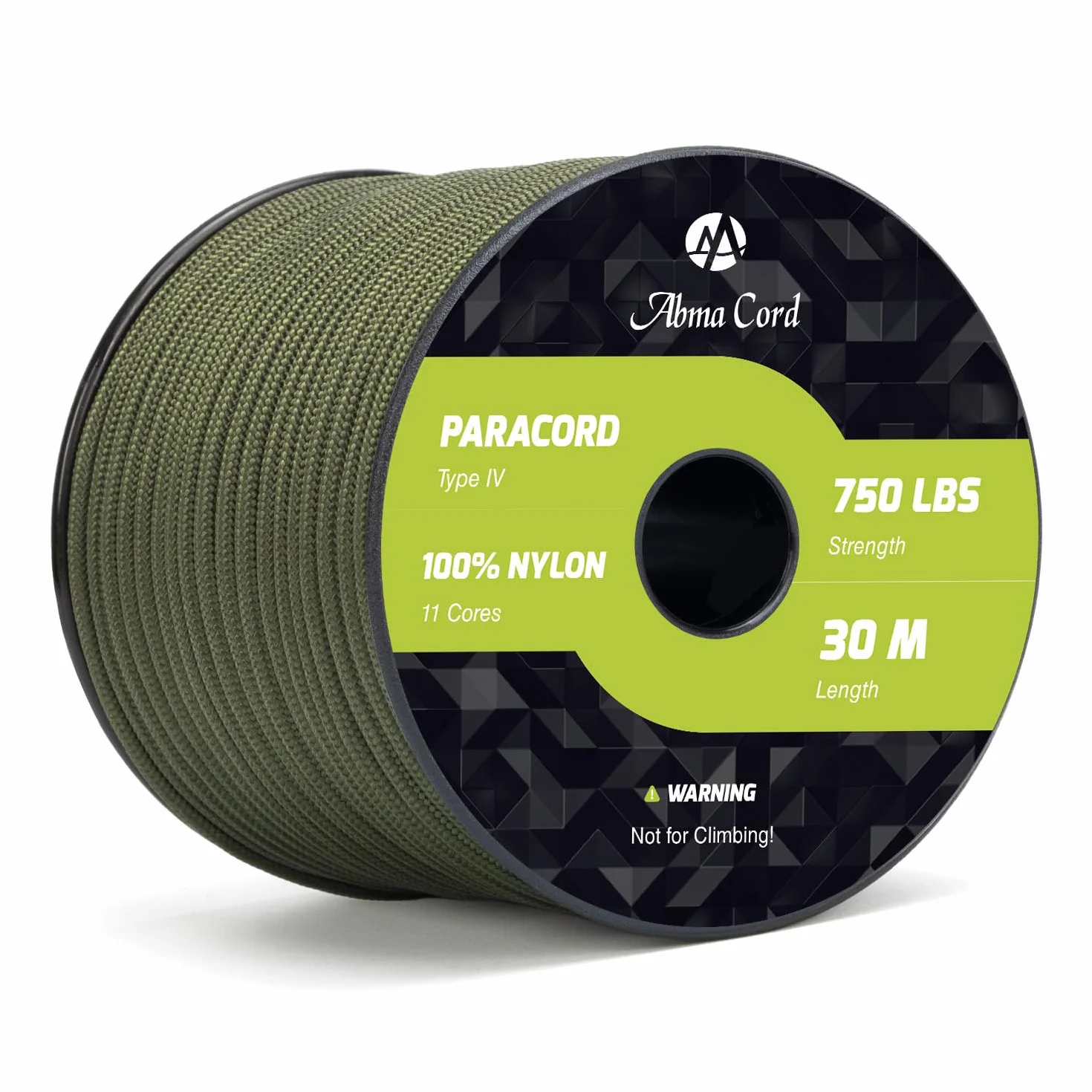 Abma Cord Paracord 750lb 4mm 30m 100% Nylonowa Sznurek Linka 11-żyłowa Typ IV do Biwakowania, Majsterkowania, Zewnątrz, Survivalowy - Max. 340kg (750lb) - Zielony wojskowy