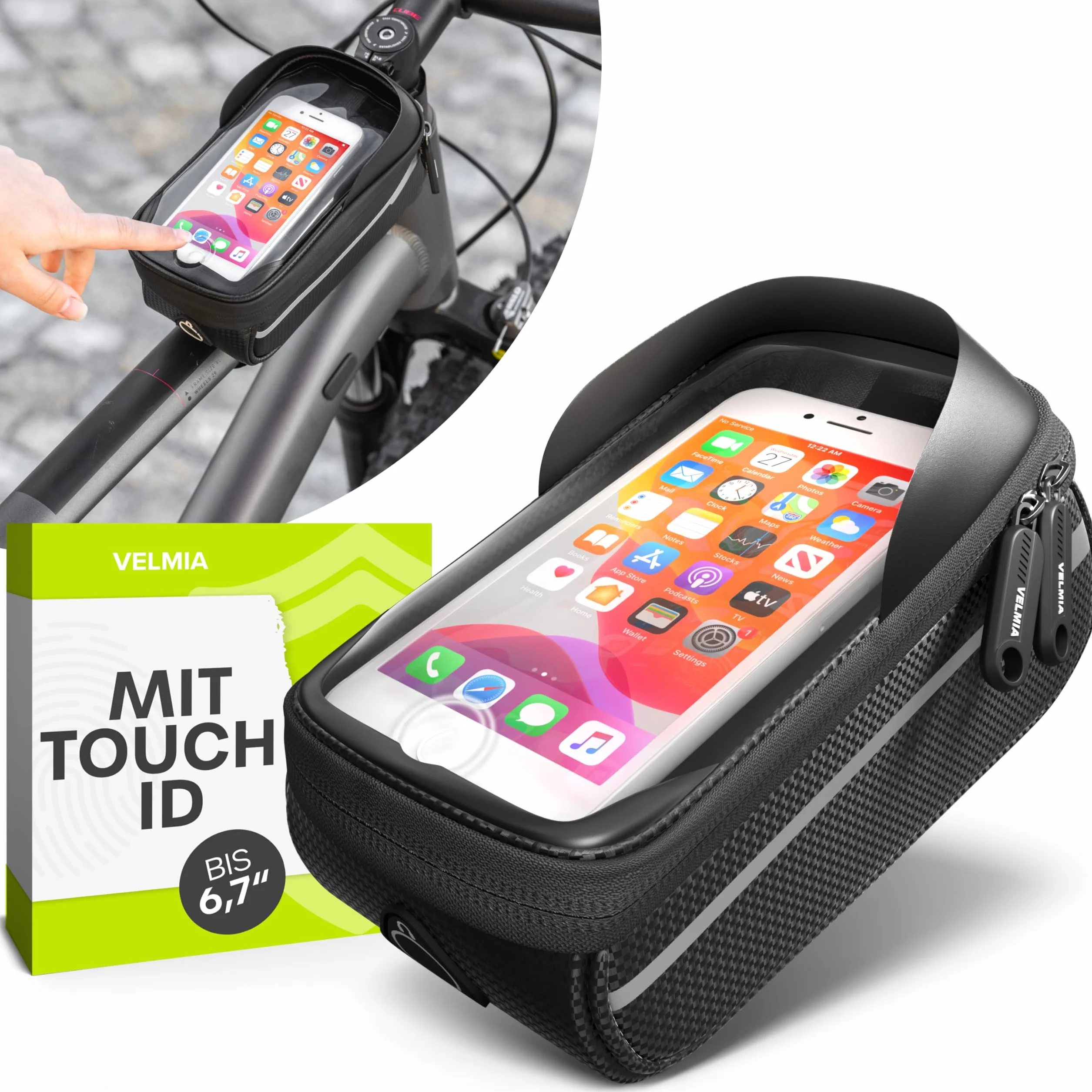 Velmia Torba na ramę roweru, wodoszczelna – uchwyt na telefon komórkowy idealny do nawigacji – torba na rower, torba na telefon komórkowy, akcesoria rowerowe