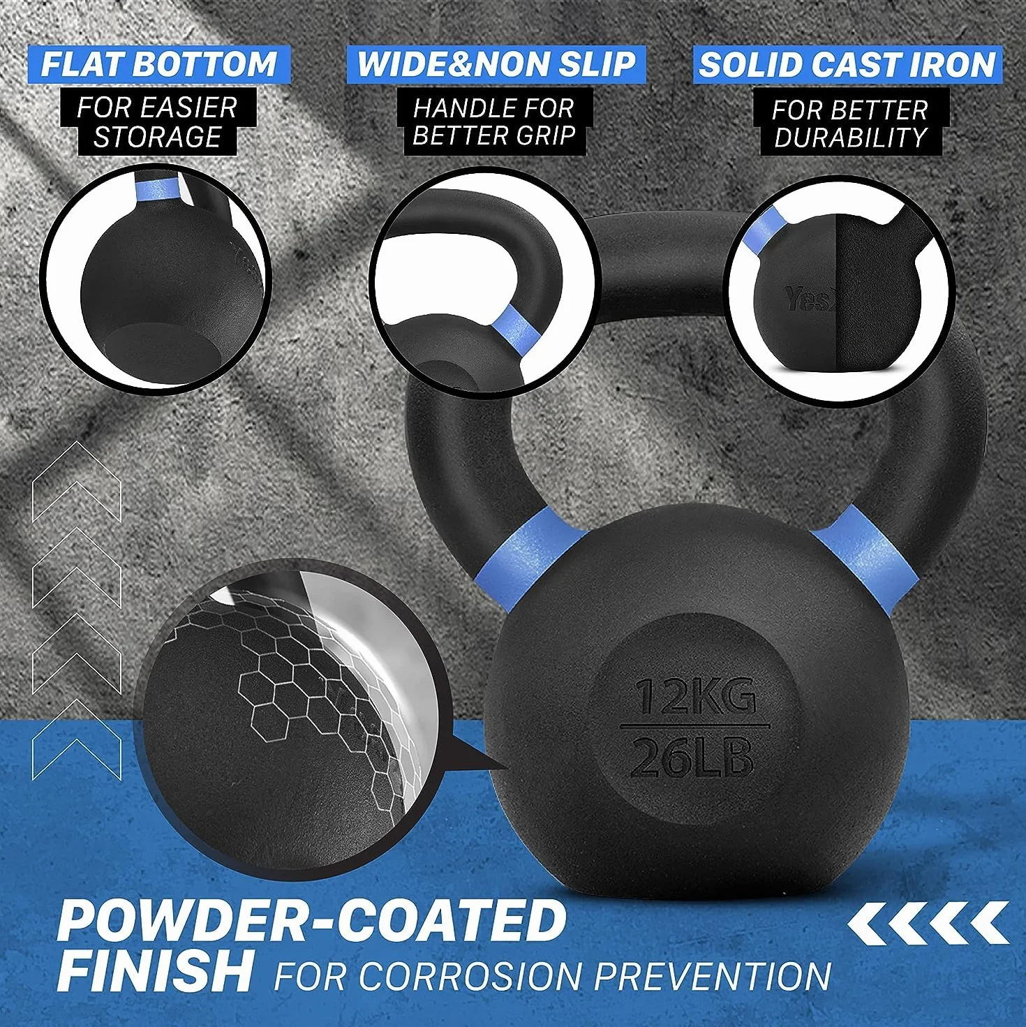 Yes4All Malowany proszkowo żeliwny kettlebell, 12 kg, z szerokim uchwytem i płaskim dnem - do treningu siłowego i crossowego