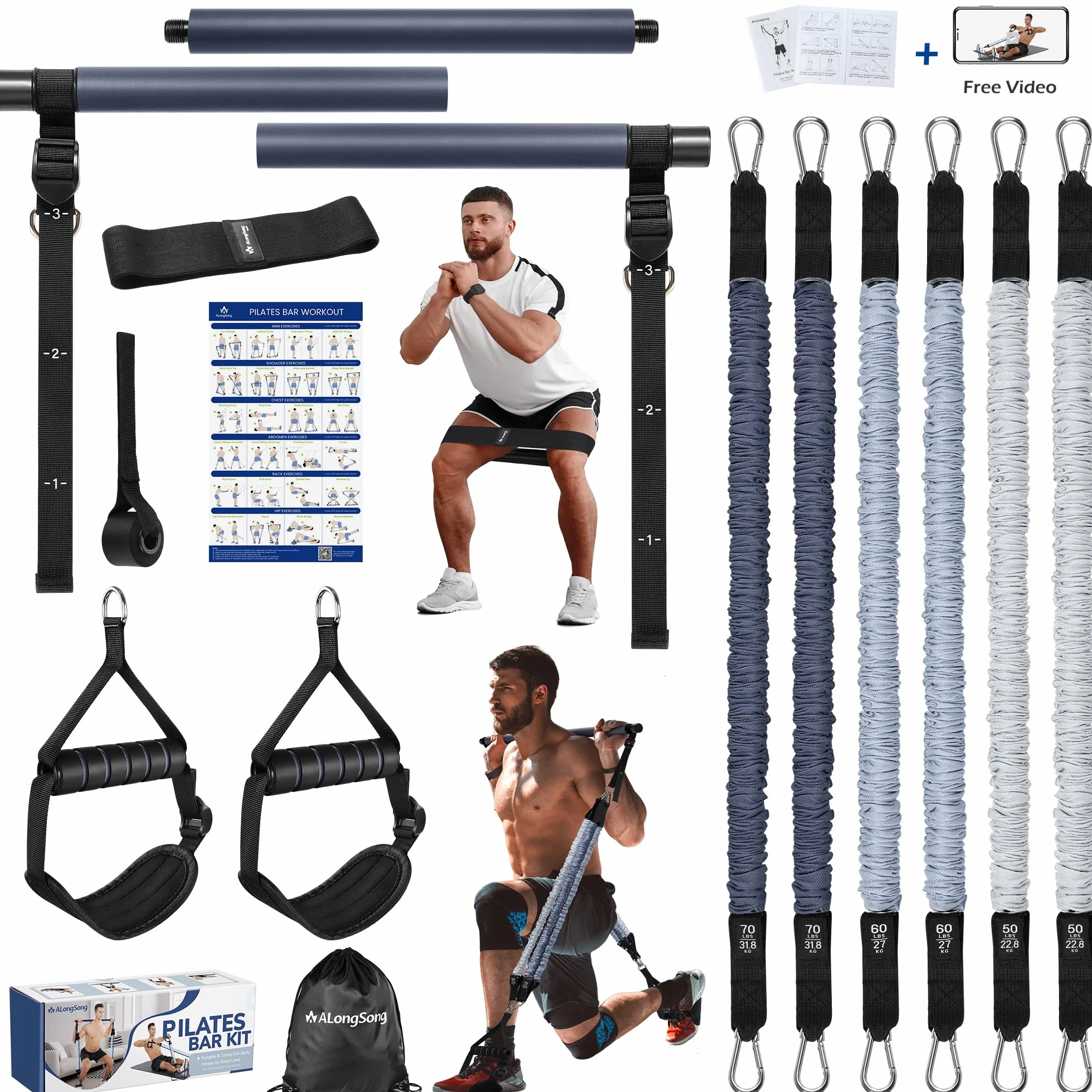 ALongSong Zestaw opasek oporowych dla mężczyzn z pilatesem zestaw 6 lateksowych taśm do ćwiczeń 23-163 kg/uchwyty drzwi/kotwica sprzęt do pilatesu do domu siłowni treningu fitness