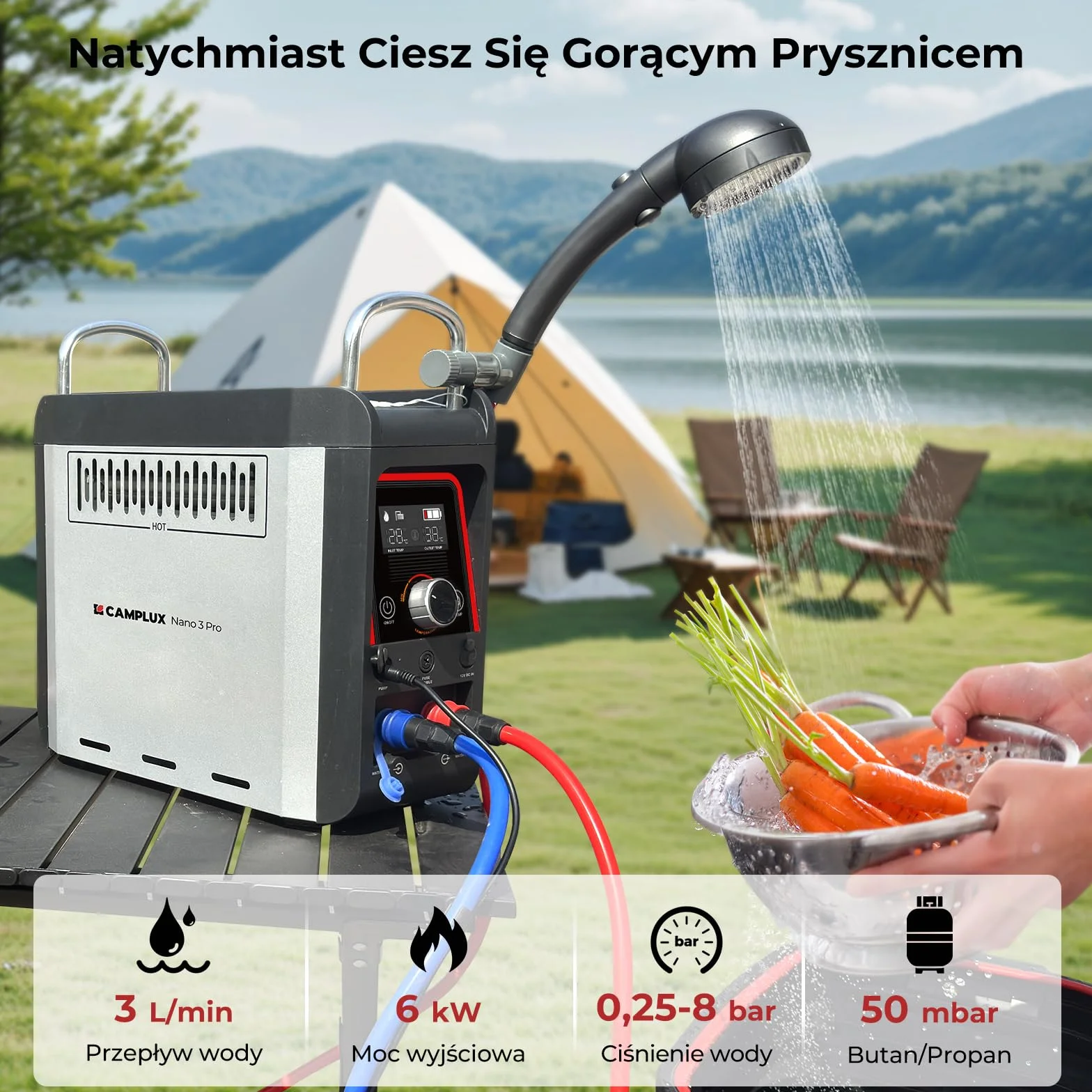 CAMPLUX Nano 3 Pro-DE Aquecedor de Água a Gás Portátil 3 L/min Butano/Propano 50mbar