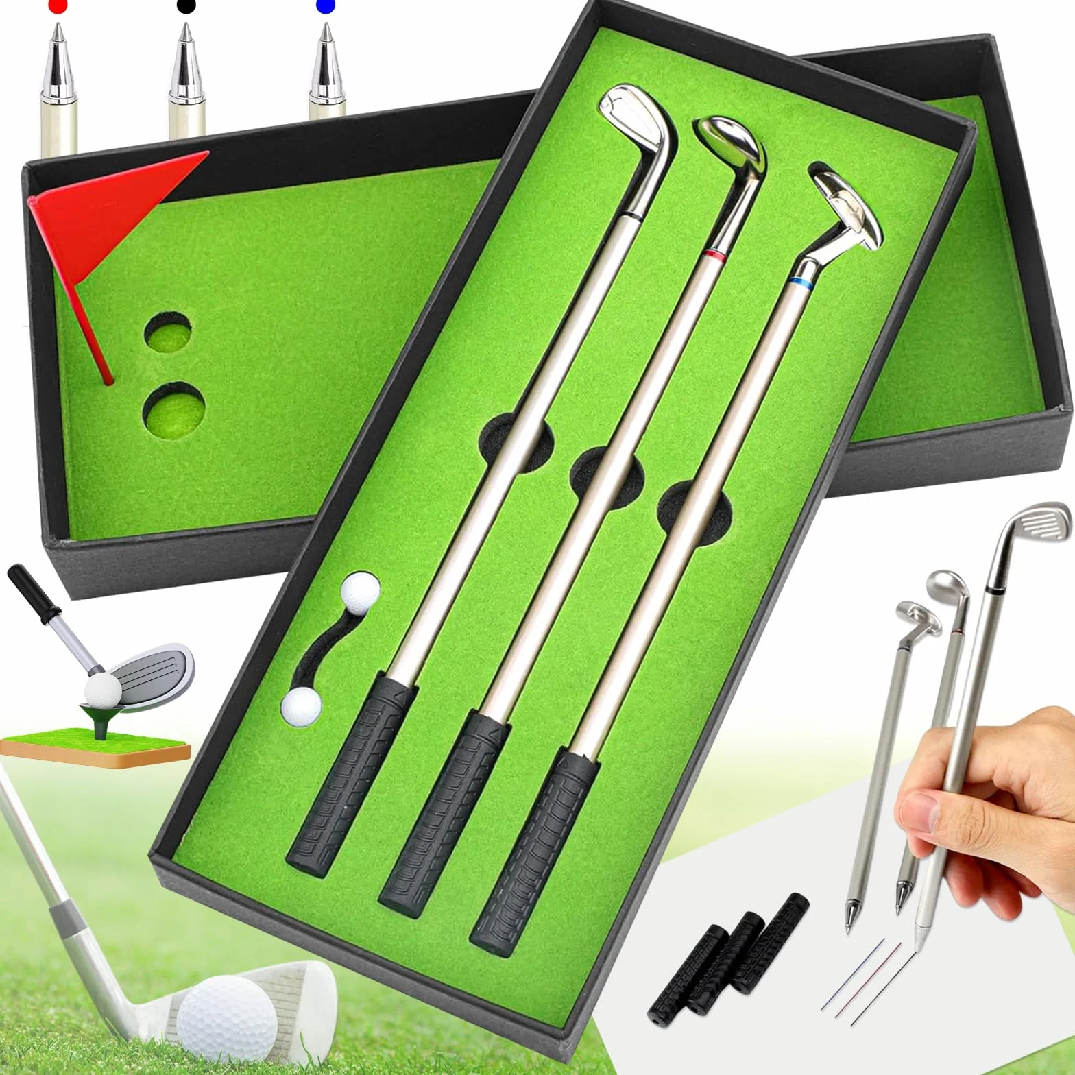 Zestaw długopisów do klubu golfowego, mini zestaw kija golfowego, prezent dla fanów golfa, rozrywka biurowa, 3 kije do długopisu golfowego, z małą flagą i 2 piłkami