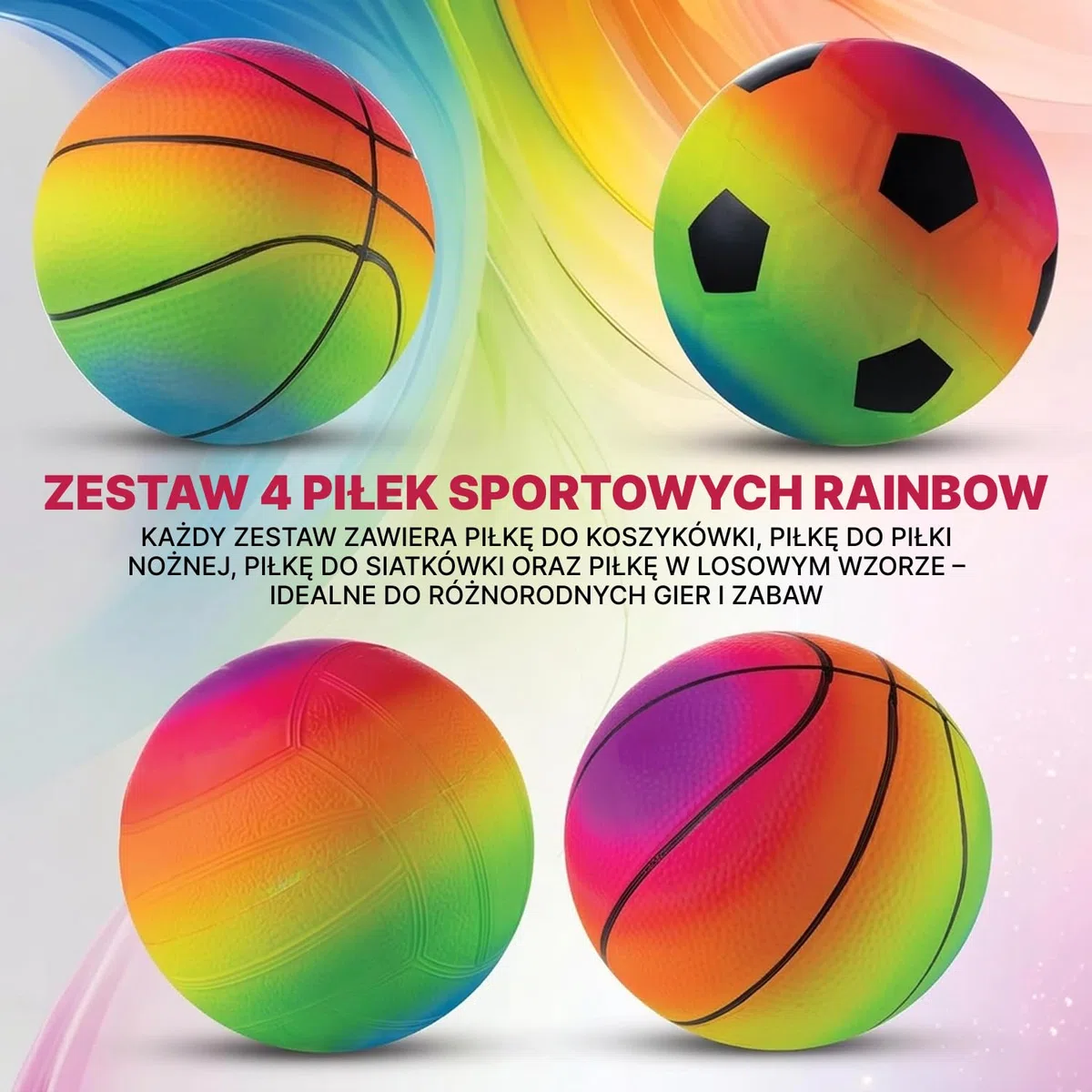 Piłki sportowe Mini Rainbow – 5 cali (w zestawie 4 sztuki) nadmuchiwane piłki winylowe dla dzieci i małych dzieci z ręczną pompką, neonową piłką do koszykówki, piłką nożną i siatkówką do placu zabaw