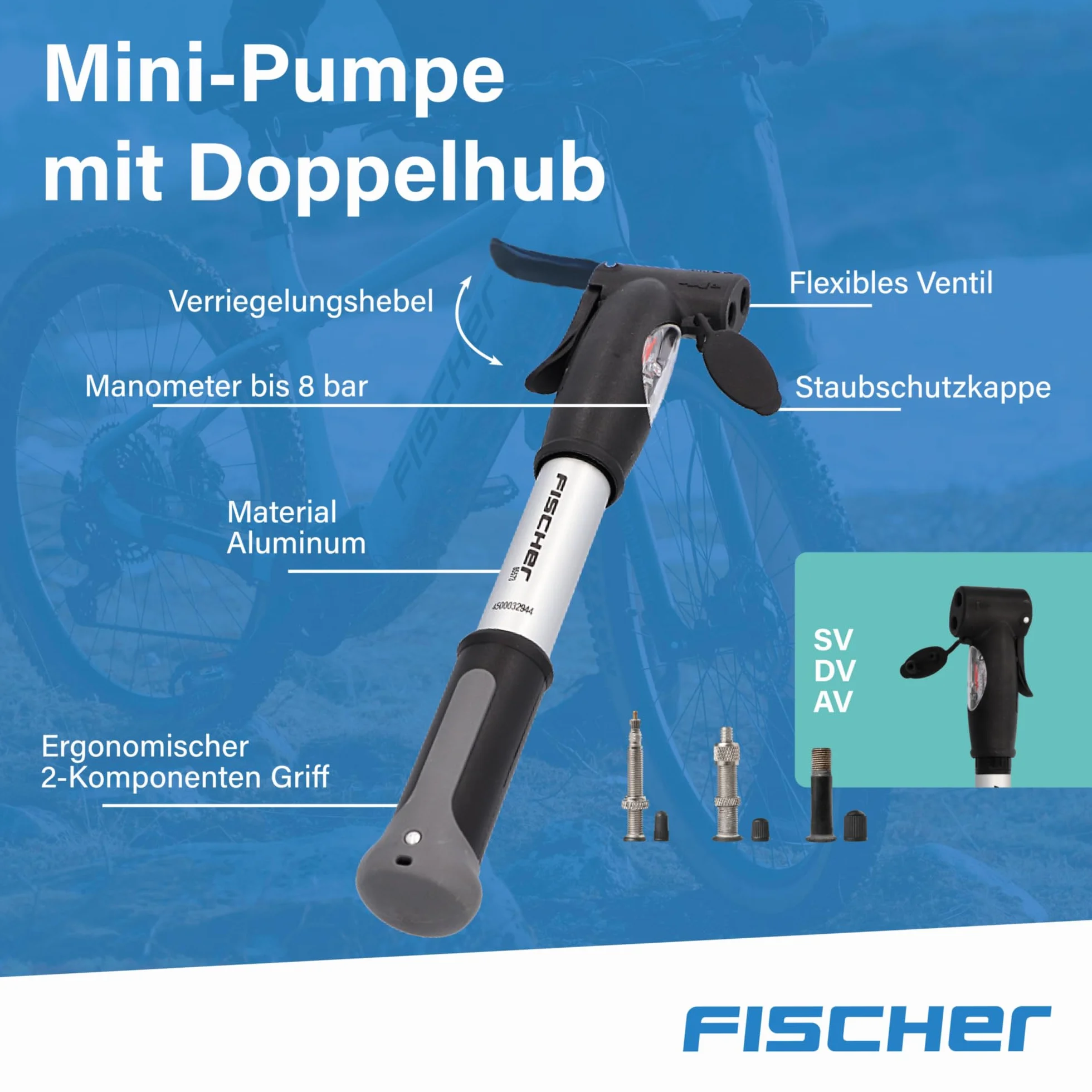 Fischer 85573 Pompka Rowerowa, Czarny/Srebrny, 28,9 x 7,9 x 3,2 cm