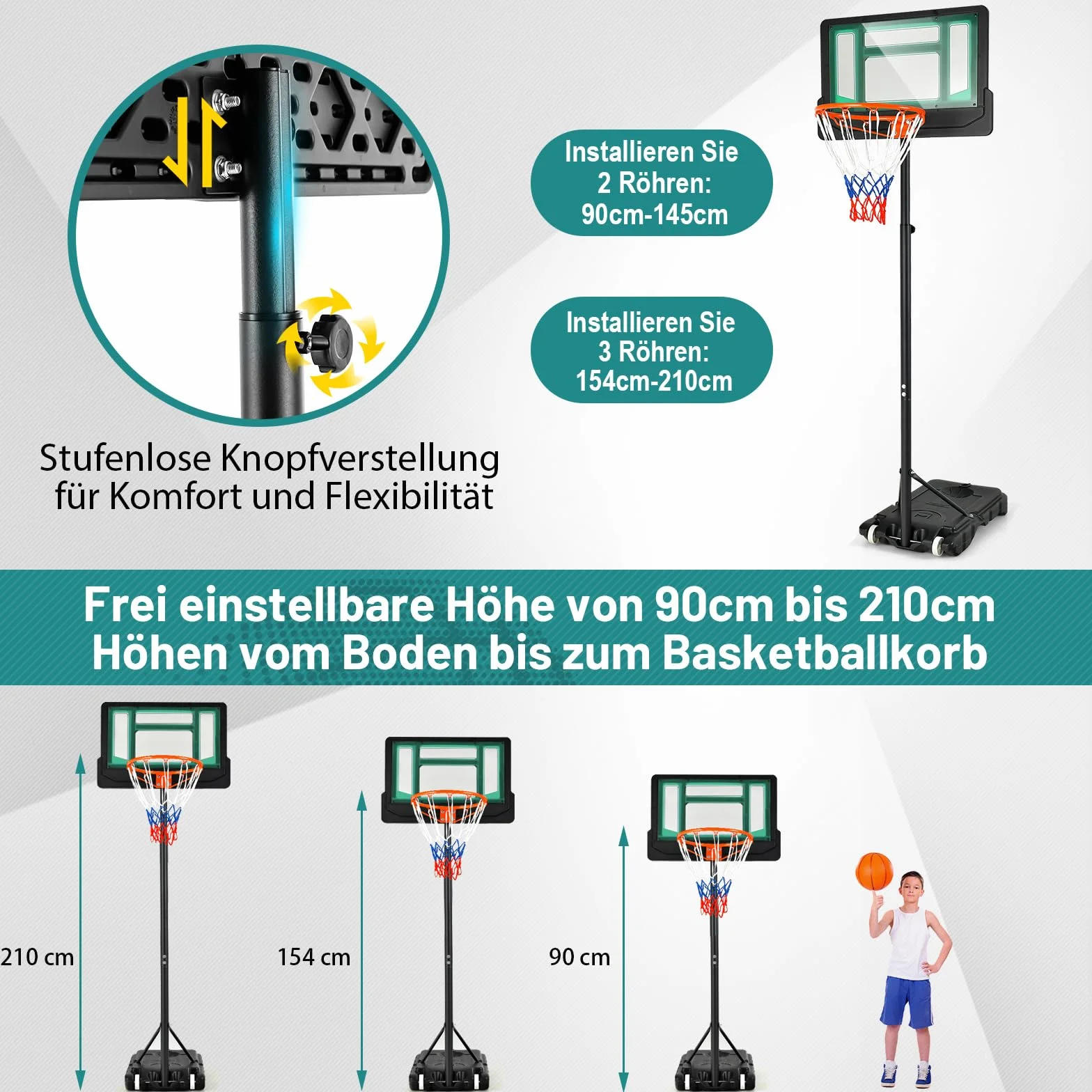 COSTWAY Stojak do koszykówki 90-210 cm, z regulacją wysokości, kosz do koszykówki ze stojakiem i 2 kółkami, mobilny kosz dla dzieci, młodzieży, odporny na warunki atmosferyczne, do użytku wewnątrz i