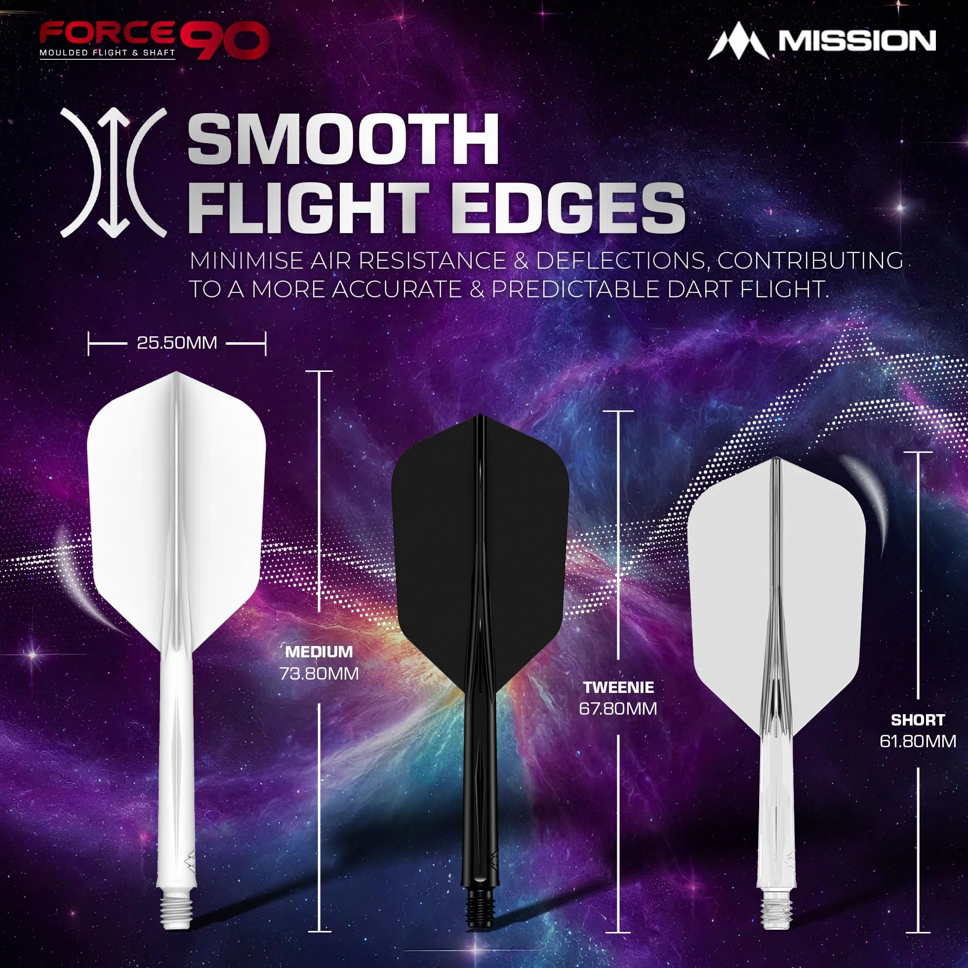 Mission Darts Force 90 | Zintegrowany precyzyjnie formowany system lotu i wałka do rzutek, 3 sztuki, profesjonalne, bardzo trwałe, kombinowane loty i łodygi 2 w 1, smukłe