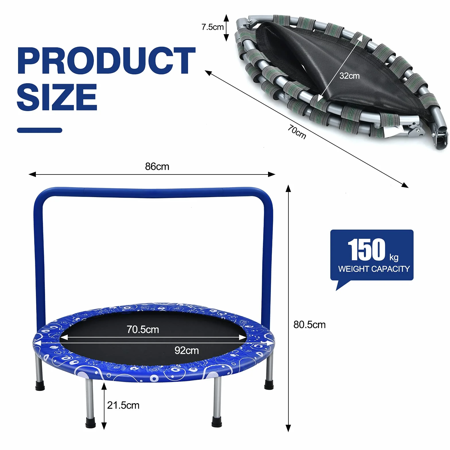 KOMFOTTEU Mini trampolina dla dzieci 92 cm składana z uchwytem i osłoną bezpieczeństwa do 150 kg