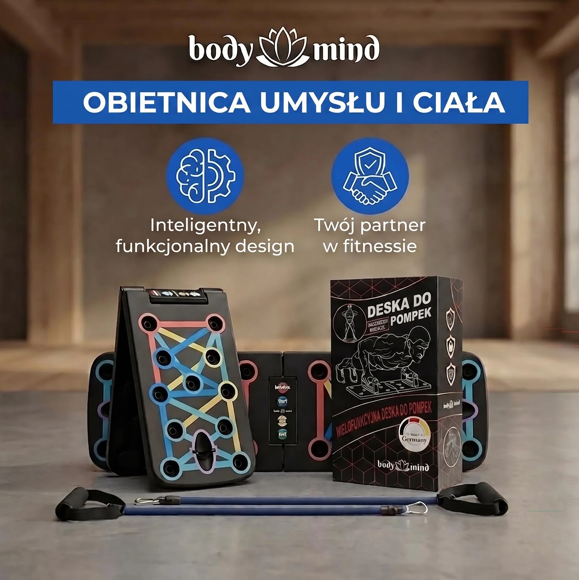 Body & Mind® Deska do pompek; składana, wielofunkcyjna deska Elite Rack Fitness Board do ćwiczeń całego ciała i efektywnych pompek; uchwyty do pompek z darmowymi paskami treningowymi