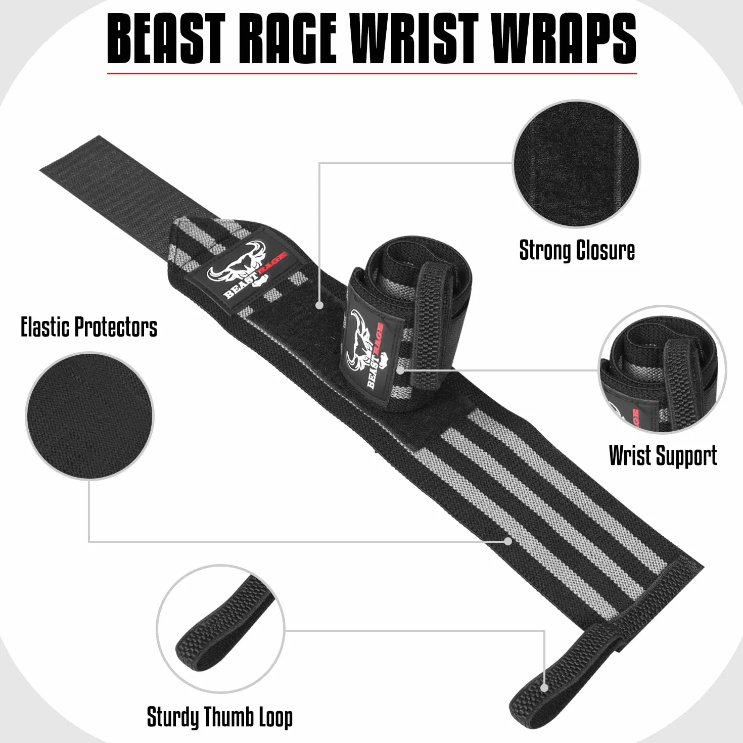 BEAST RAGE Opaski na nadgarstki do podnoszenia ciężarów, trening siłowy mięśni, trening fitness, rozciągliwy bawełniany pasek na kciuk (UX3, BLACK/GREY)