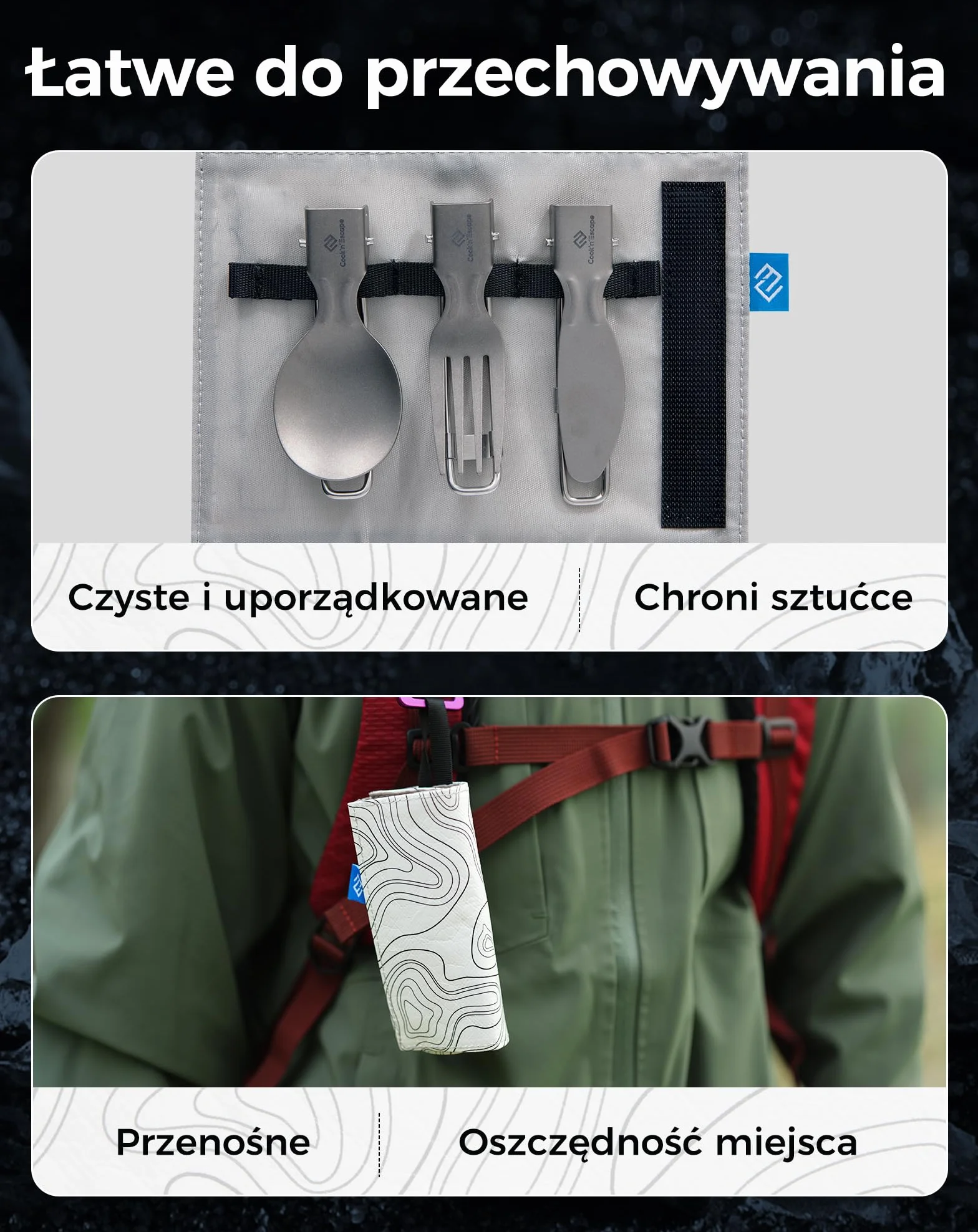 COOK'N'ESCAPE Tytanowe sztućce kempingowe, 3-częściowy zestaw sztućców – składane sztućce z nożem, widelcem, łyżką i torbą do przenoszenia, ultralekkie tytanowe sztućce podróżne do aktywności na