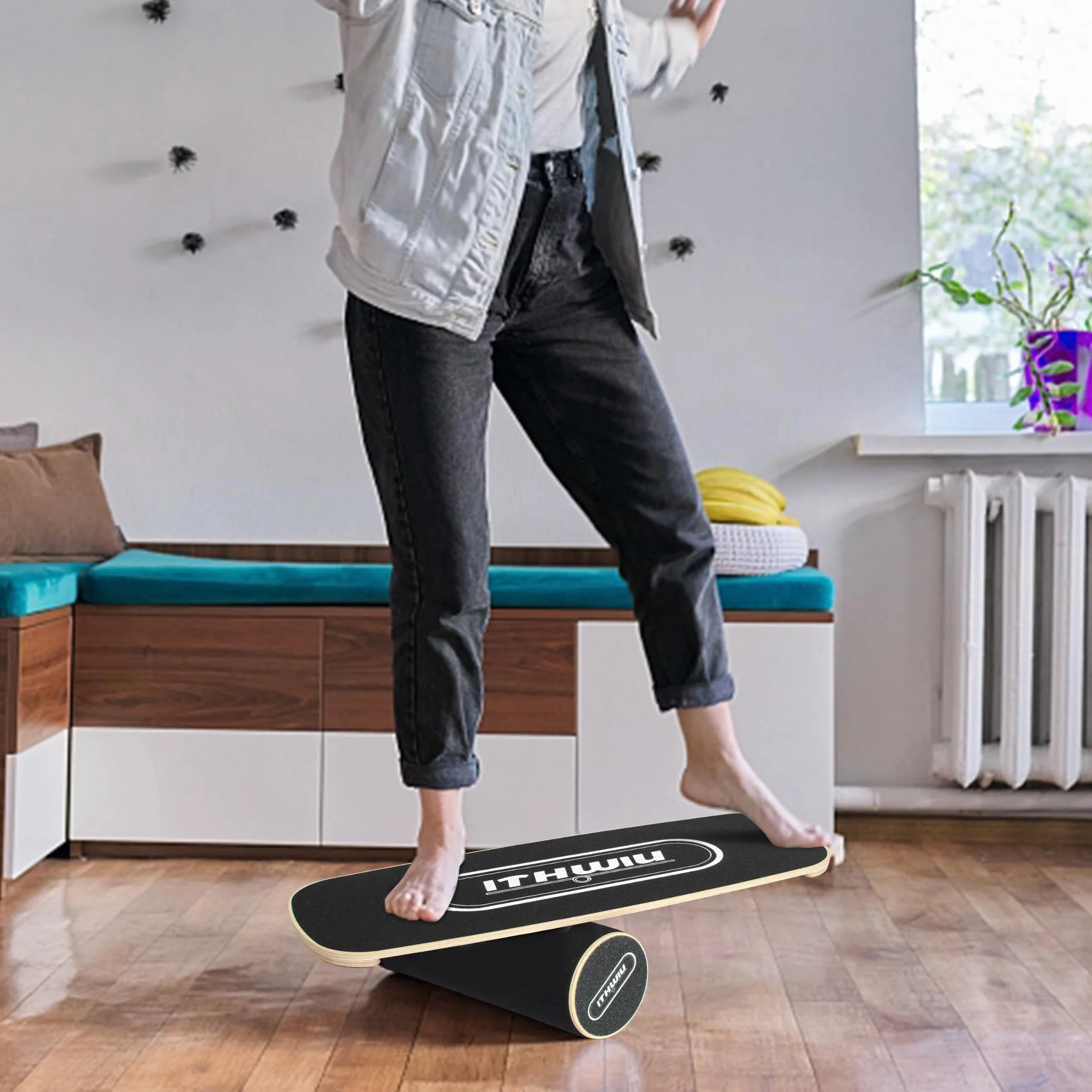 OUUTMEE Balance Board Roller drewniana deska treningowa, deska treningowa, antypoślizgowa powierzchnia, kontrola ciała, czarna