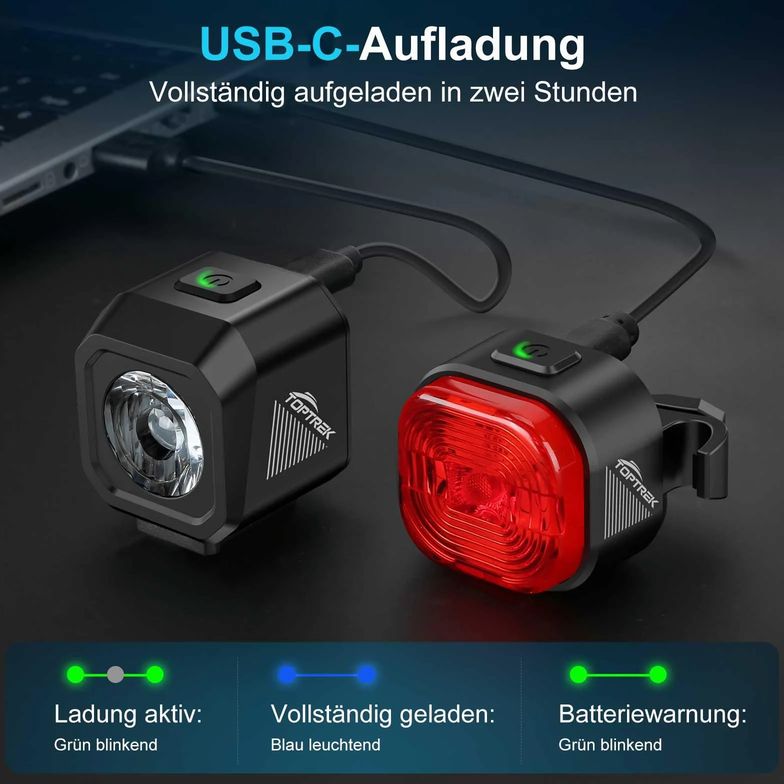 Toptrek Zestaw Oświetlenia Rowerowego LED Ładowany USB IPX5