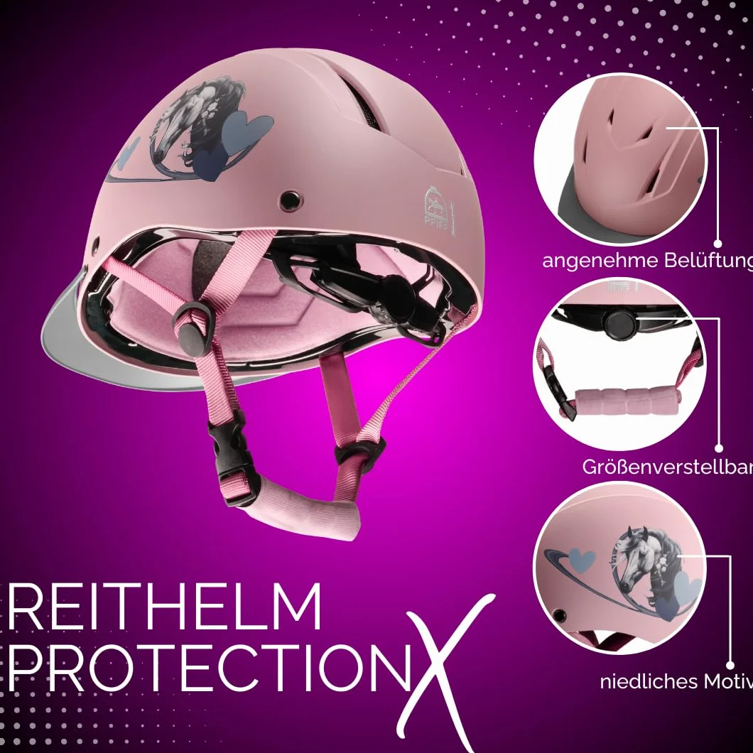 PFIFF 103119 Kask jeździecki ProtectionX dziecięcy regulowany rozmiar 48-52 cm XS 52-56 cm S niebieski czarny różowy