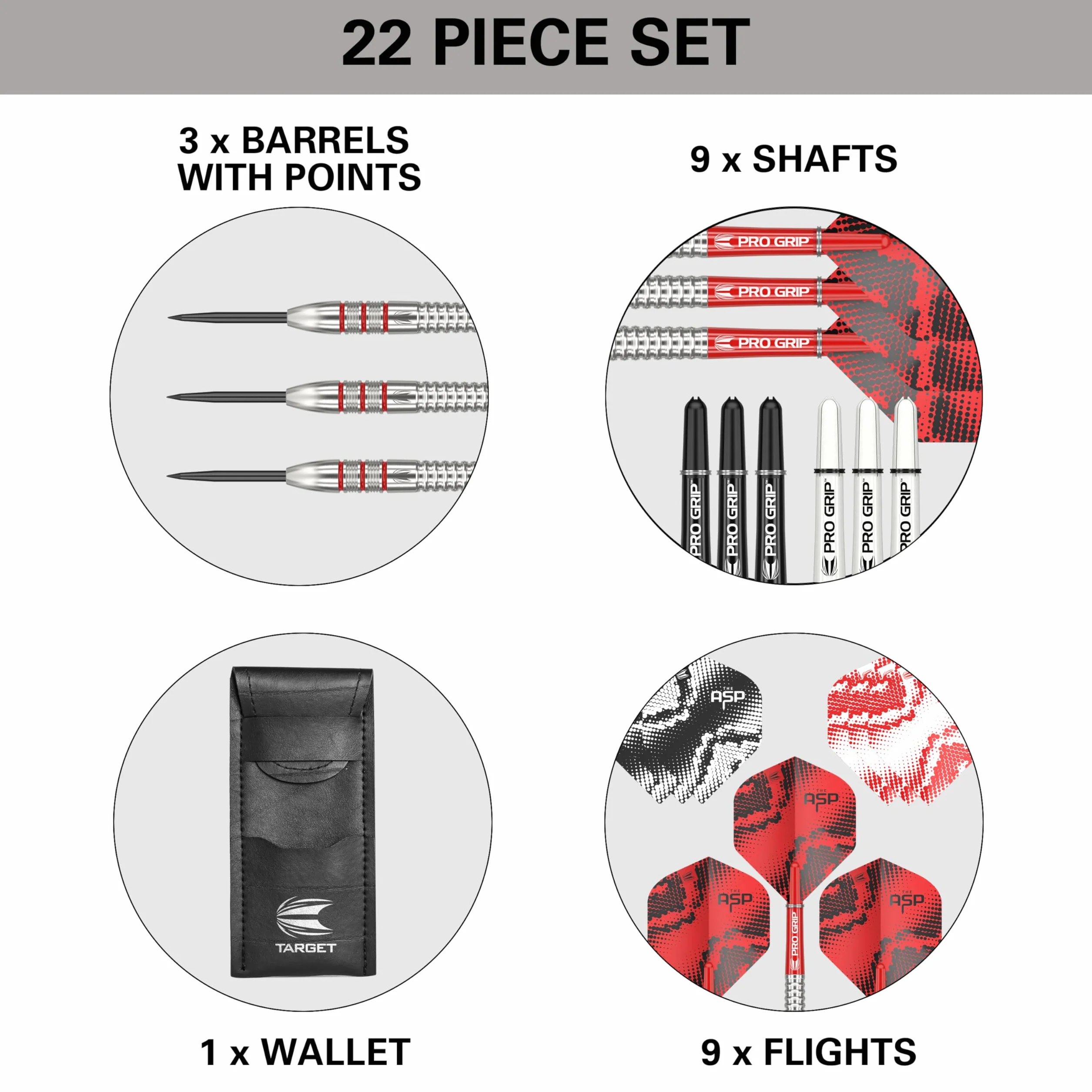 Target Darts Nathan Aspinall 22G/23G/24G zestaw rzutek ze stali wolframowej – 9 wałków Pro Grip – 9 Pro Ultra Flights – portfel do rzutek