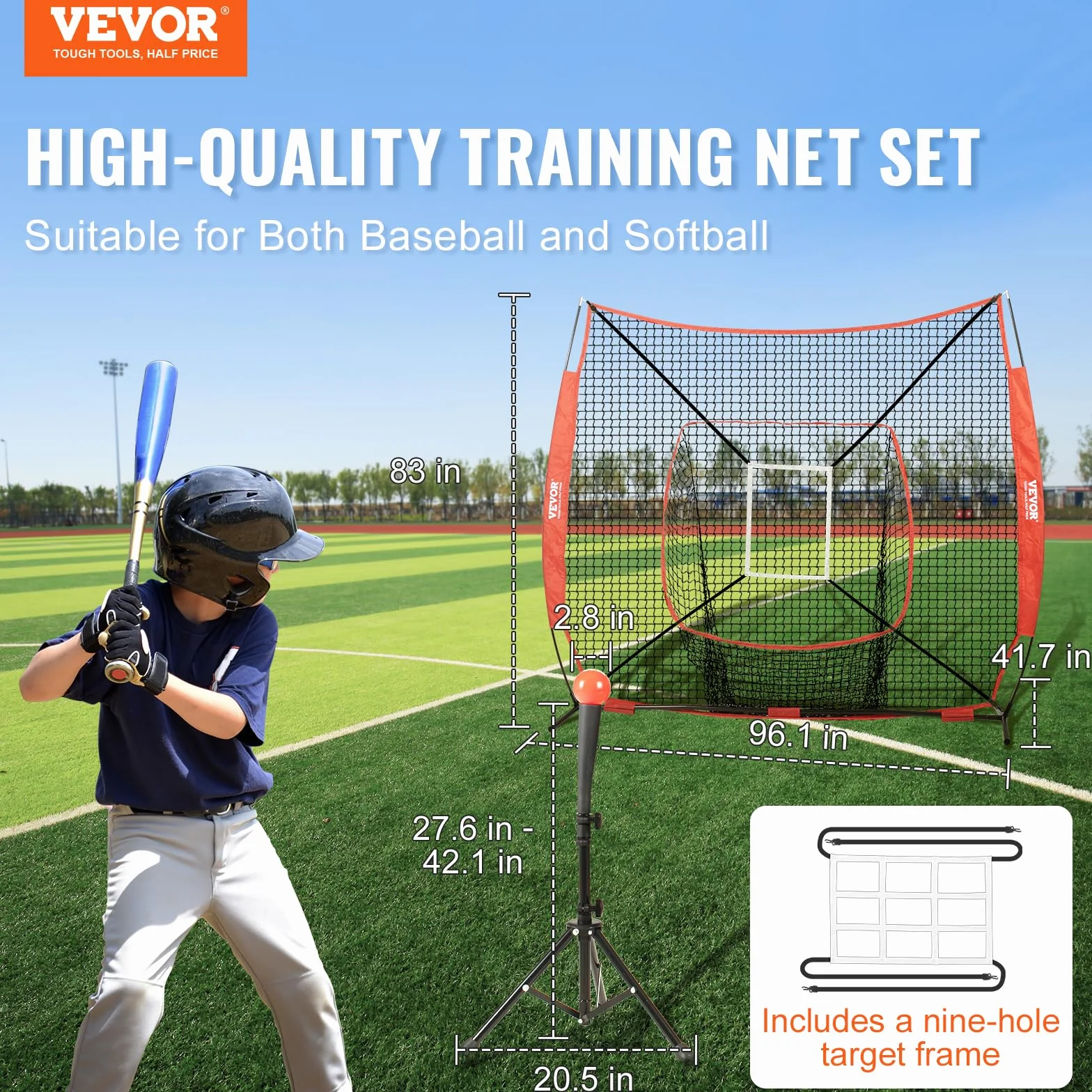 VEVOR 2x2,1 m przenośna siatka treningowa baseballowa z ramą kokardową i torbą