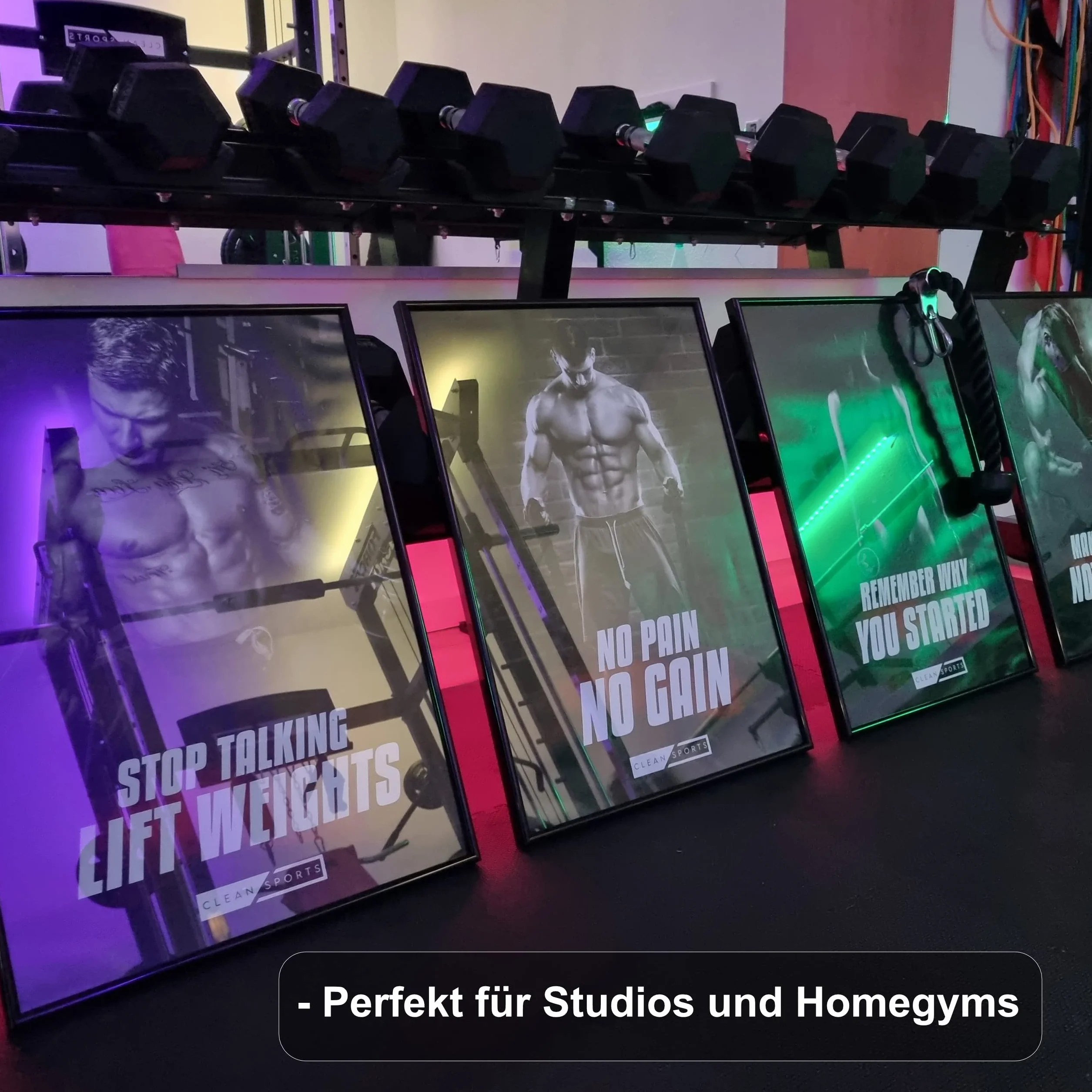 CLEAN SPORTS Plakat fitness – zestaw 4 obrazów motywacyjnych dla obrazków ciała w formacie DIN A2 – plakat treningowy do studia fitness i domu – bez ramki, idealna dekoracja do Twojej sali treningowej