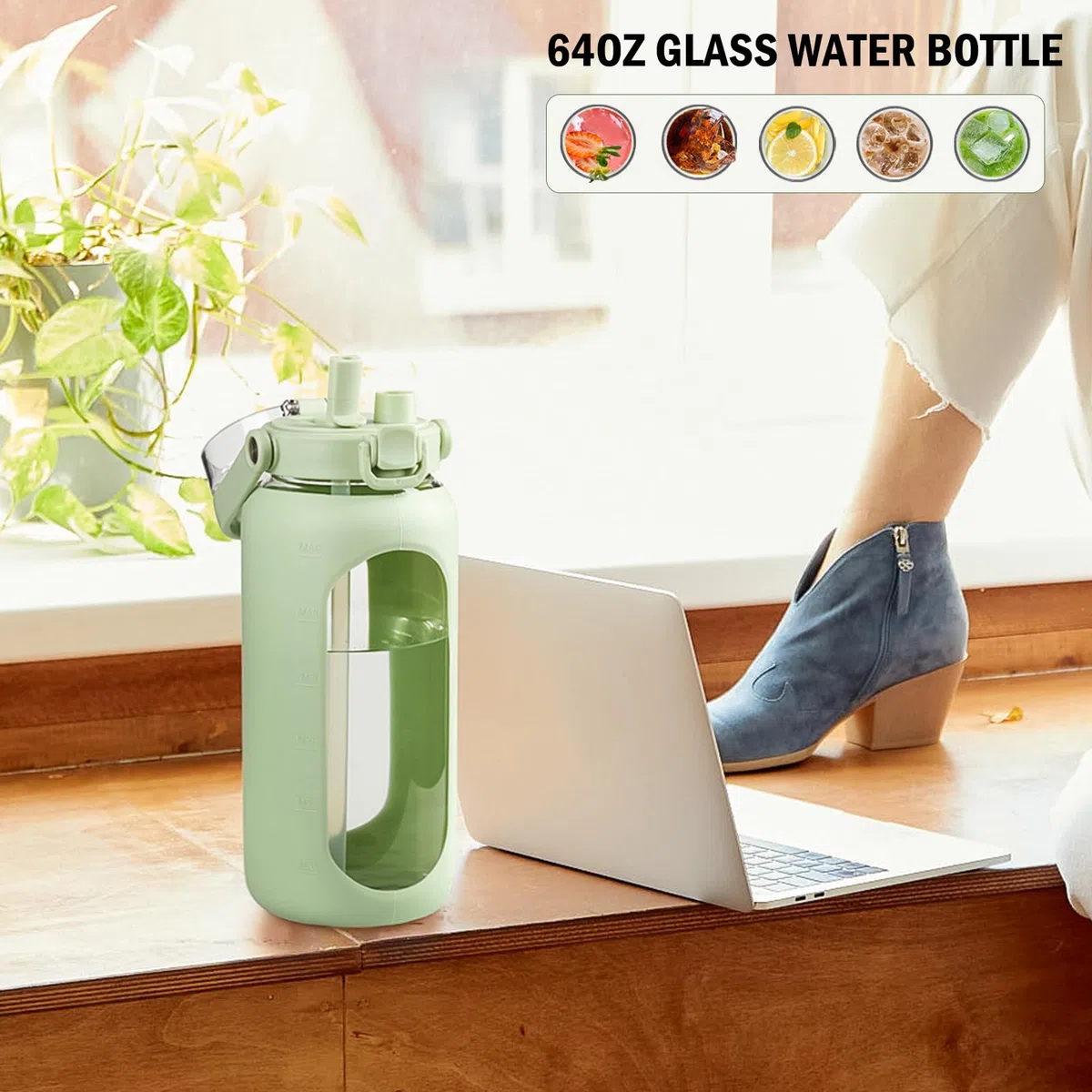 BLUEGO Szklane butelki na wodę o pojemności 2000 ml ze słomkowym znacznikiem czasu, duża motywacyjna butelka na wodę z silikonowym rękawem, 2 litry, duży szklany dzbanek na wodę, na siłownię, do