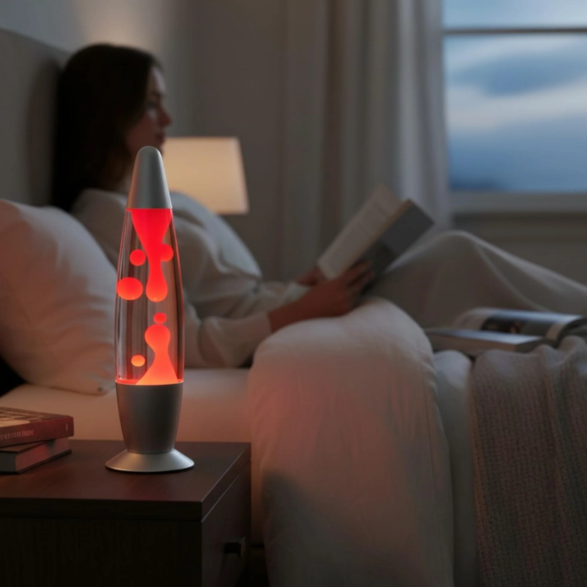 MIJOMA Lampa lawowa retro 30 cm szkło aluminium srebrna nóżka przełącznik sznurkowy klasyczna czerwień
