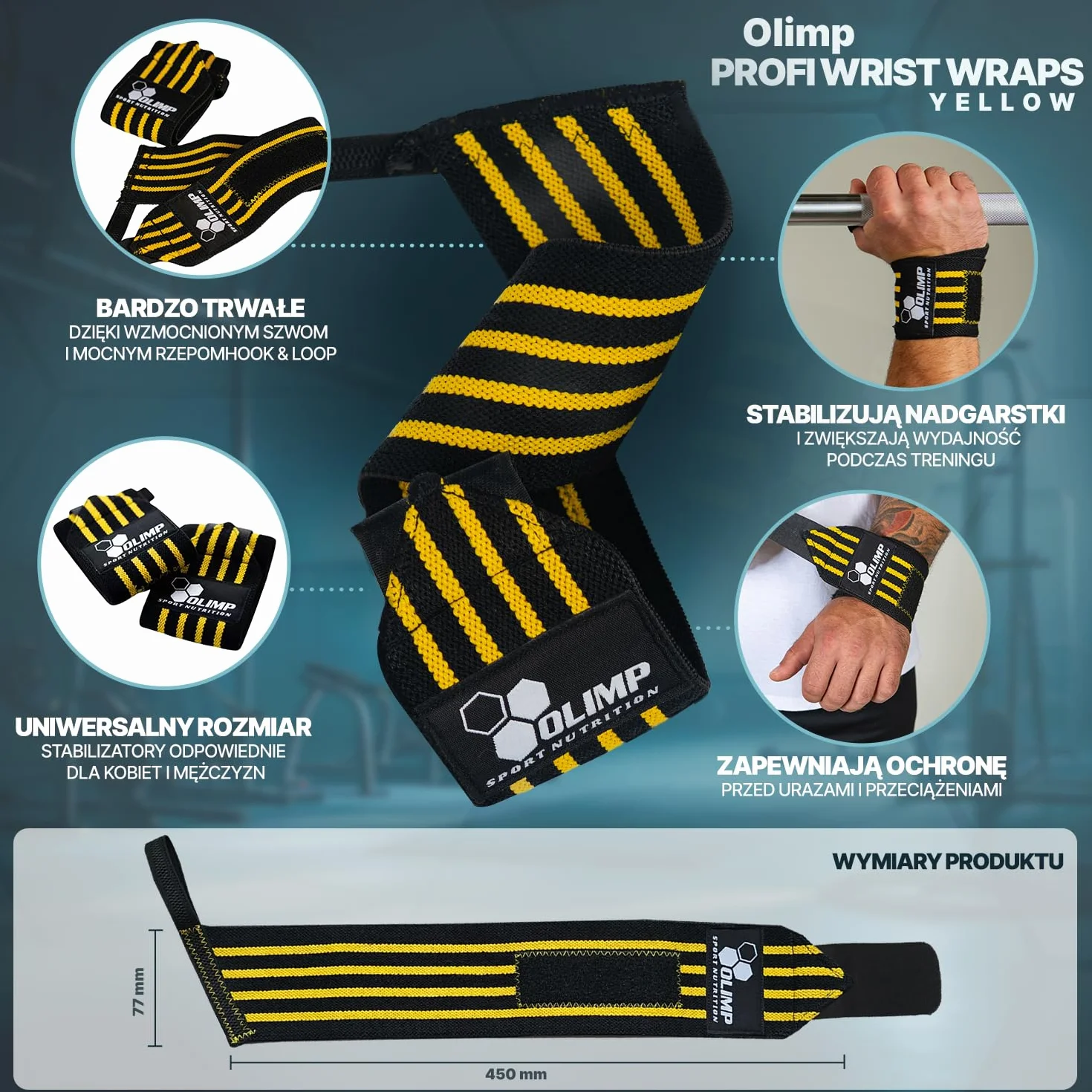 Olimp Stabilizatory nadgarstków - Wsparcie nadgarstka dla kobiet i mężczyzn - Sport Fitness Crossfit - Profi Wrist Wraps Yellow