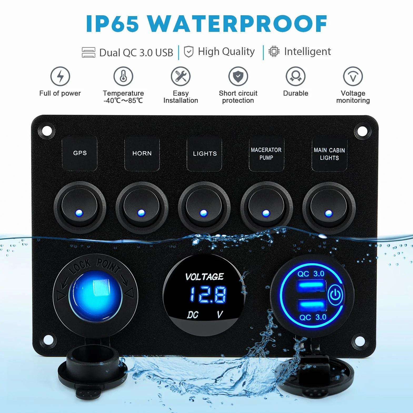 Kohree panel sterujący 12V/24V 4,2A IP65 podwójna ładowarka USB woltomierz 5 przełączników dźwigniowych