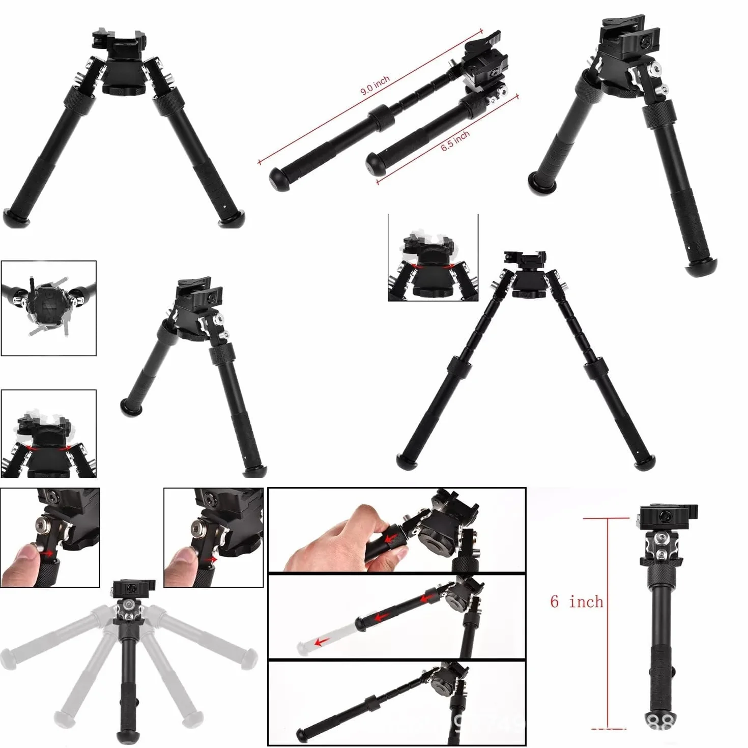 Aluminum Alloy Bipod 360 Degree Rotation Adjustable Extension Quick Detach Picatinny 20mm Rail Mount with Hand Stop (Black)