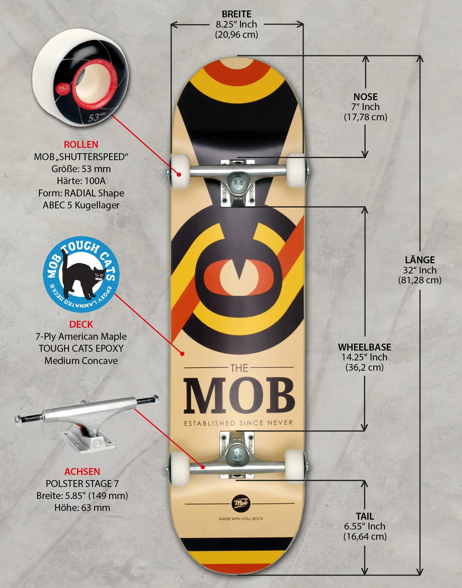 Mob Skateboard Eyechart 8.25 Complete - Kompletna Deska 32 x 8.25 cali - Deska z Drewna Klonowego z 7 Warstw - Gotowa do Użytku - Deska dla Początkujących i Profesjonalistów dla Młodzieży, Dorosłych