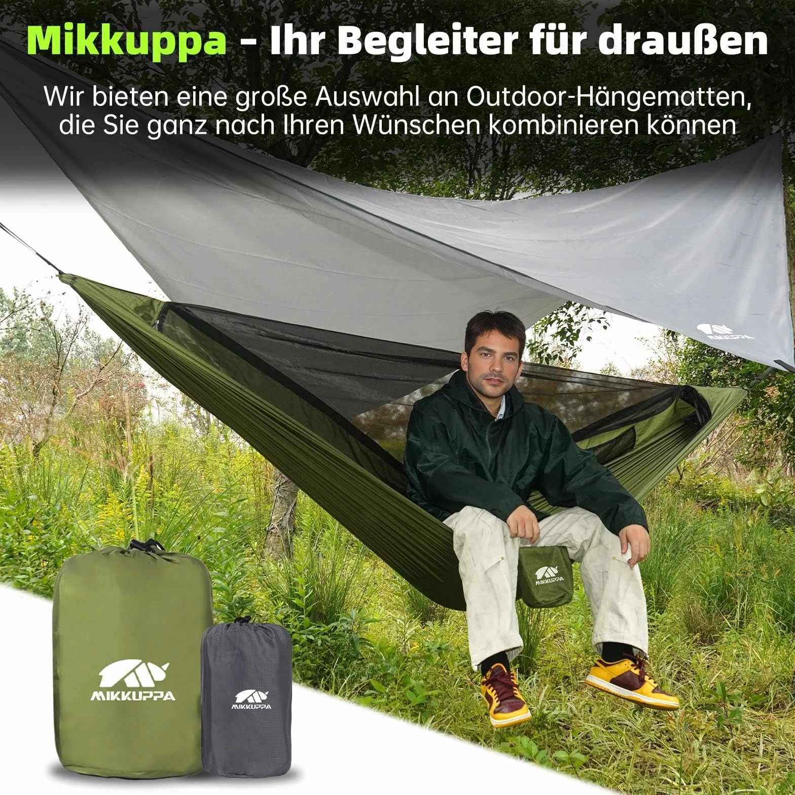 MIKKUPPA Hamak outdoorowy z moskitierą 350 kg, ultralekki, nylon spadochronowy, pasy na drzewo, zestaw