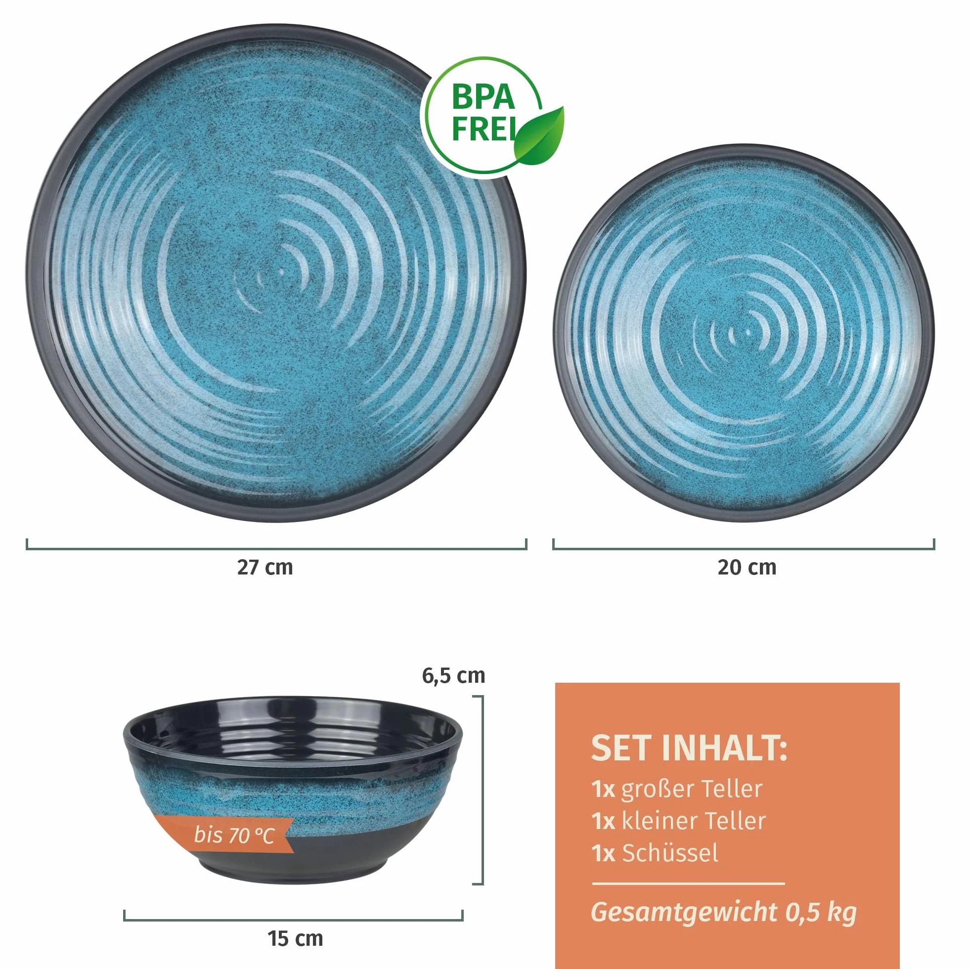Zestaw naczyń kempingowych dla 1 osoby 3-częściowy | melaminowy | piknikowy zestaw naczyń | naczynia kempingowe Stone Blue Design