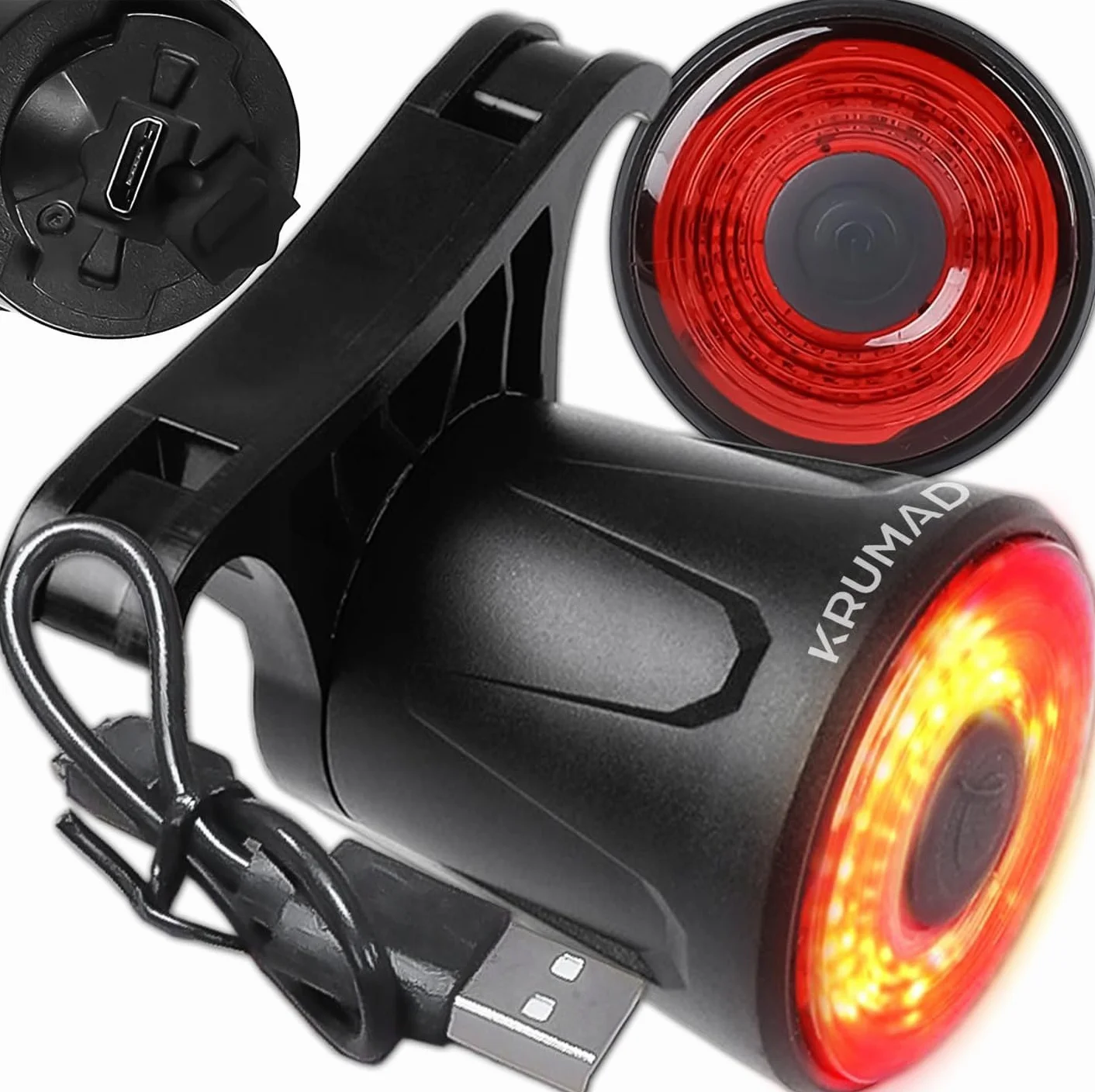 KRUMAD Lampka rowerowa tylna LED USB, wodoodporne światło rowerowe z 4 trybami, akumulatorowa lampka tylna na rower MTB, gravel, szosowy i e-bike, akcesoria rowerowe