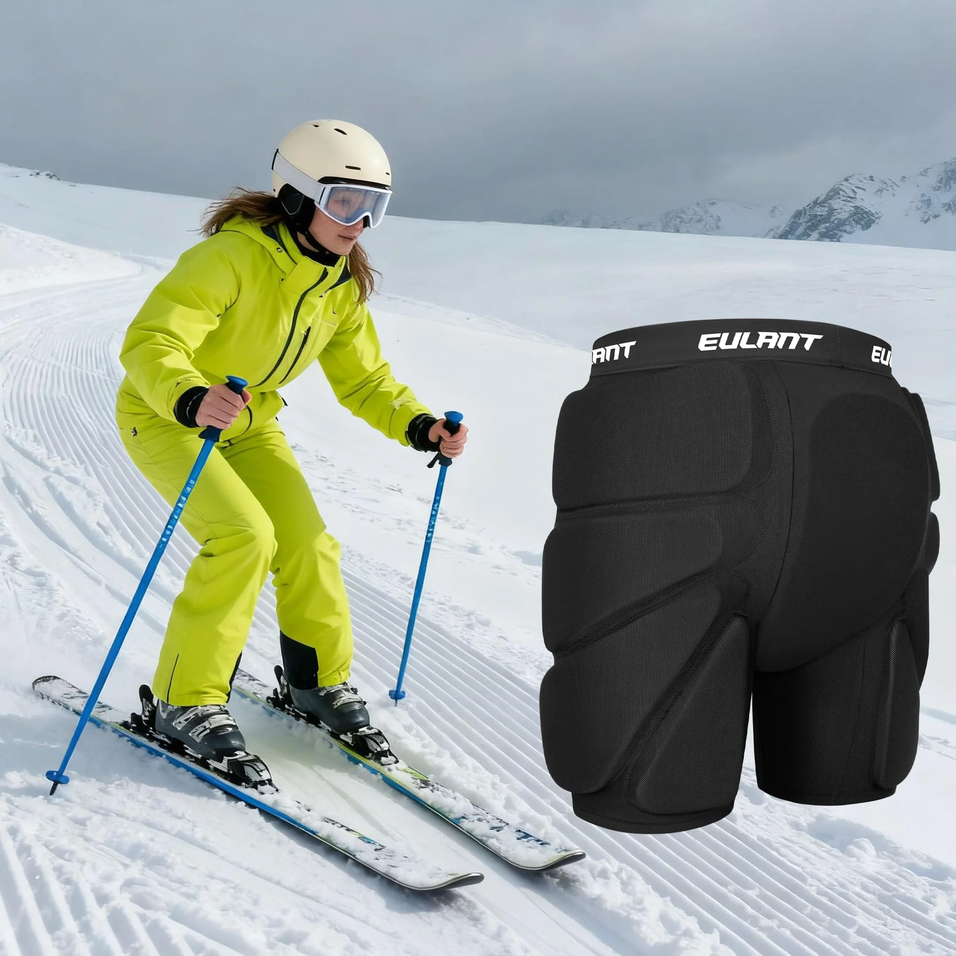 EULANT Ochronne wyściełane szorty na snowboard, narty, łyżworolki, rowery, ochraniacze 3D, na biodra, pośladki, kość ogonową, czarne
