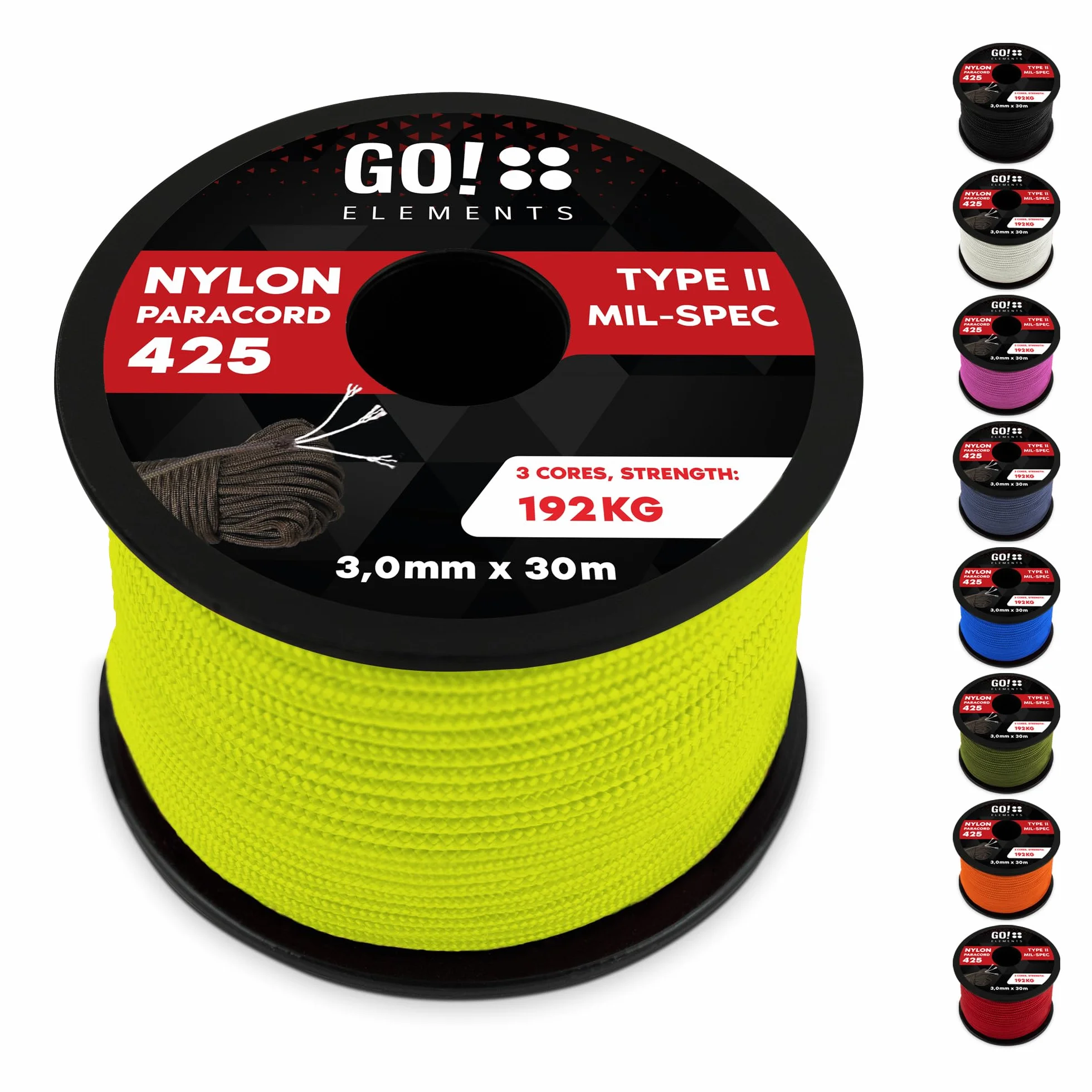 Paracord 425 typ II | Ø 3 mm - 9 rdzeni - maks. 192 kg | 100% sznurek nylonowy, linka uniwersalna – odporna na rozerwanie | linka nylonowa, bransoletka, smycz dla psa, survival i outdoorowa