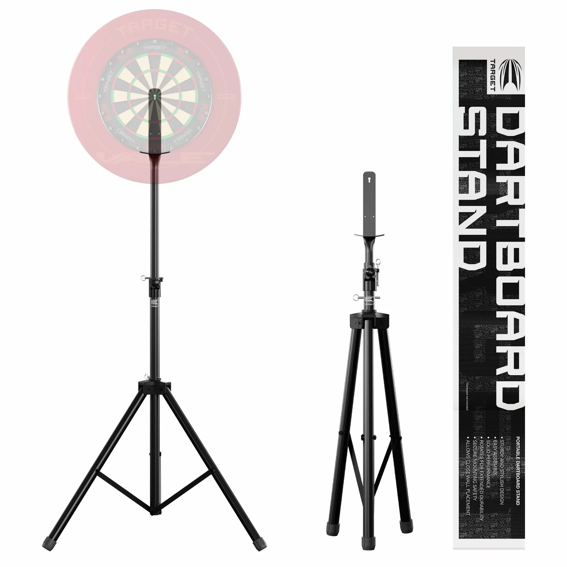 TARGET DARTS Portable Dartboard Stand | Mobilne stojaki na rzutki na trójnogu, system wolnostojący z mocowaniem do tablicy, do wnętrz i na zewnątrz, składany stojak podróżny do rzutek stalowych