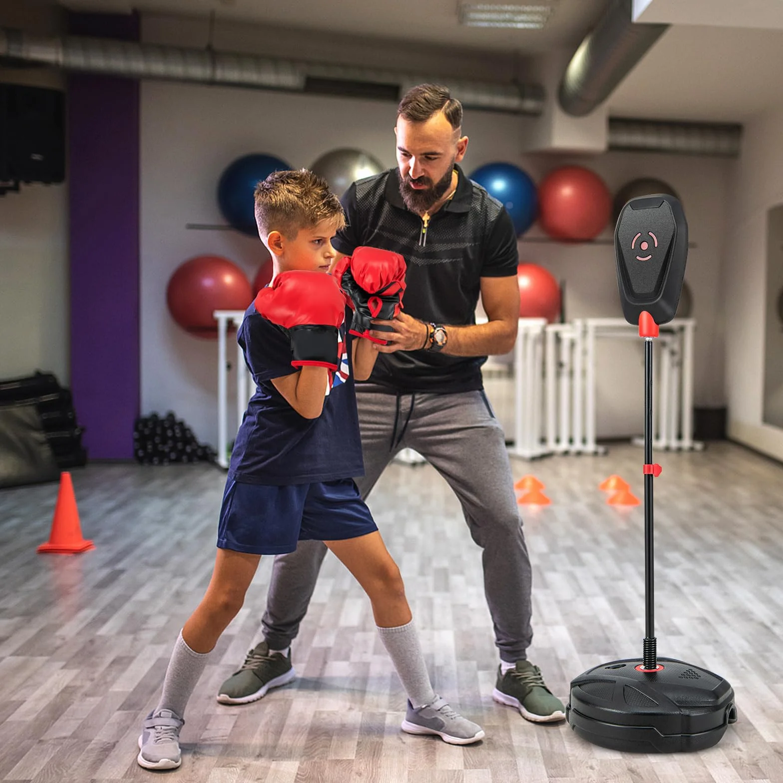 COSTWAY Stojący worek bokserski dla dzieci, trening bokserski 95-126 cm, z regulacją wysokości, zestaw zawiera rękawice bokserskie, boks Speedball dla chłopców i dziewczynek od 5 lat