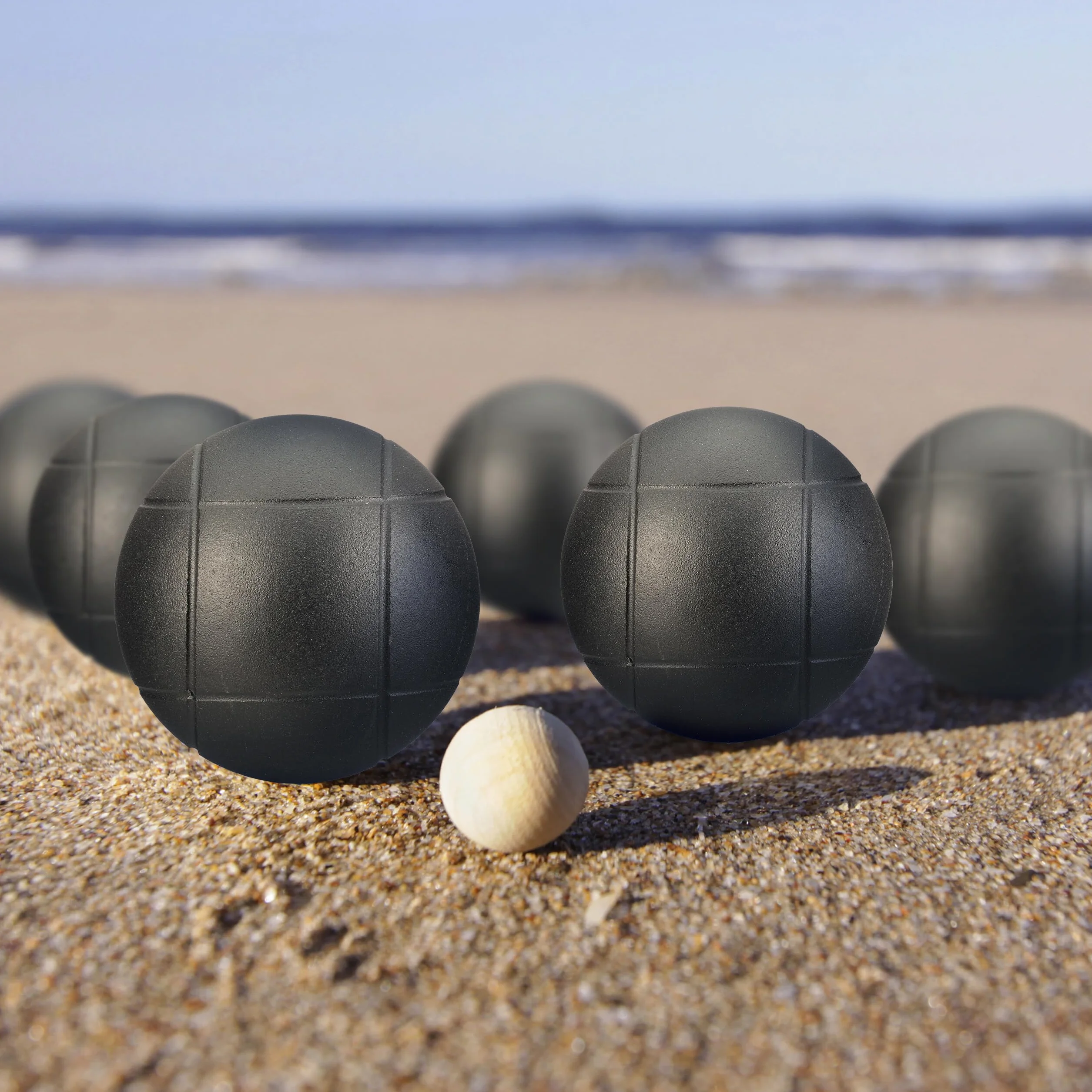 Relaxdays zestaw do gry w bocce, 6 metalowych kulek z drewnianą kulką i taśmą mierniczą, akcesoria petanque, stal, kolor czarny