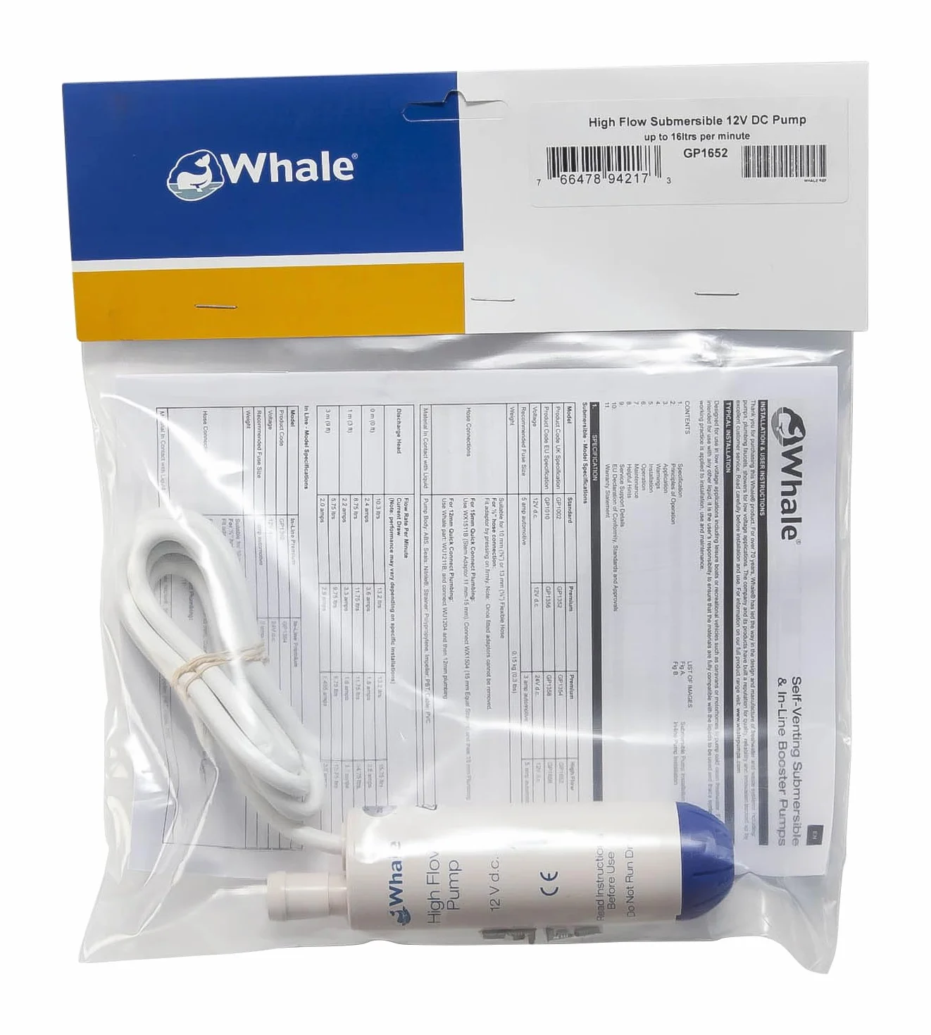 Whale GP1652 zanurzeniowa pompa słodkowodna, wysoki przepływ 12 V DC, jeden rozmiar