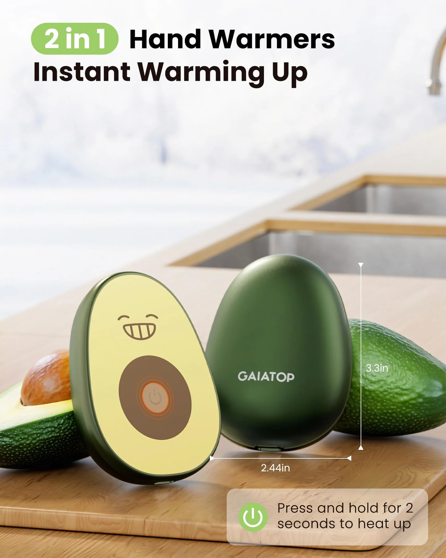 Gaiatop Ogrzewacze do rąk, 2 sztuki, akumulator 4000 mAh, elektryczny ogrzewacz do rąk w kształcie awokado, z 2 kablami USB, wielokrotnego użytku, przenośny, kieszonkowy, podgrzewacz do rąk, prezenty