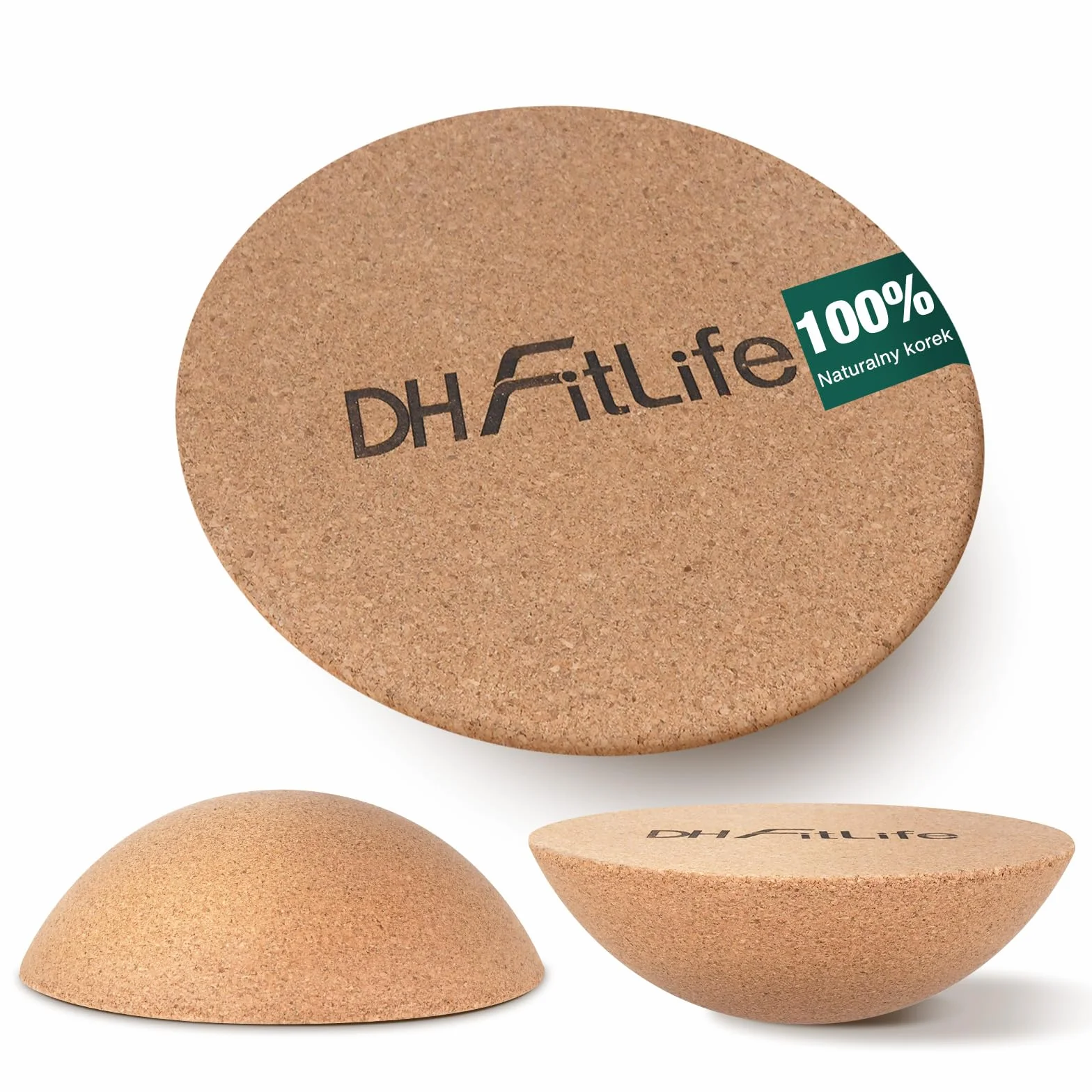 DH FitLife Półkula Korkowa do Deski do Balansowania dla Dorosłych | 30 x 10 cm | 360° Half Balance Ball | Pasuje do Wszystkich Desek do Surfowania | 100% Naturalny Korek i Antypoślizgowa