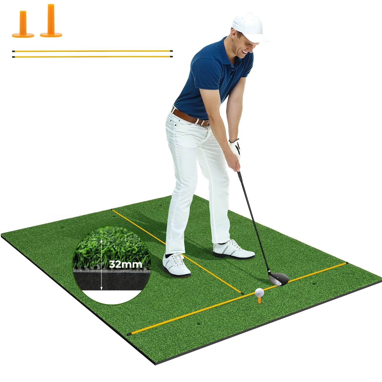 COSTWAY Mata do gry w golfa, mata do ćwiczeń golfowych w zestawie z 2 gumowymi teami i 2 prętami wyrównującymi, mata golfowa z 6 pozycjami odbicia, do użytku wewnątrz i na zewnątrz