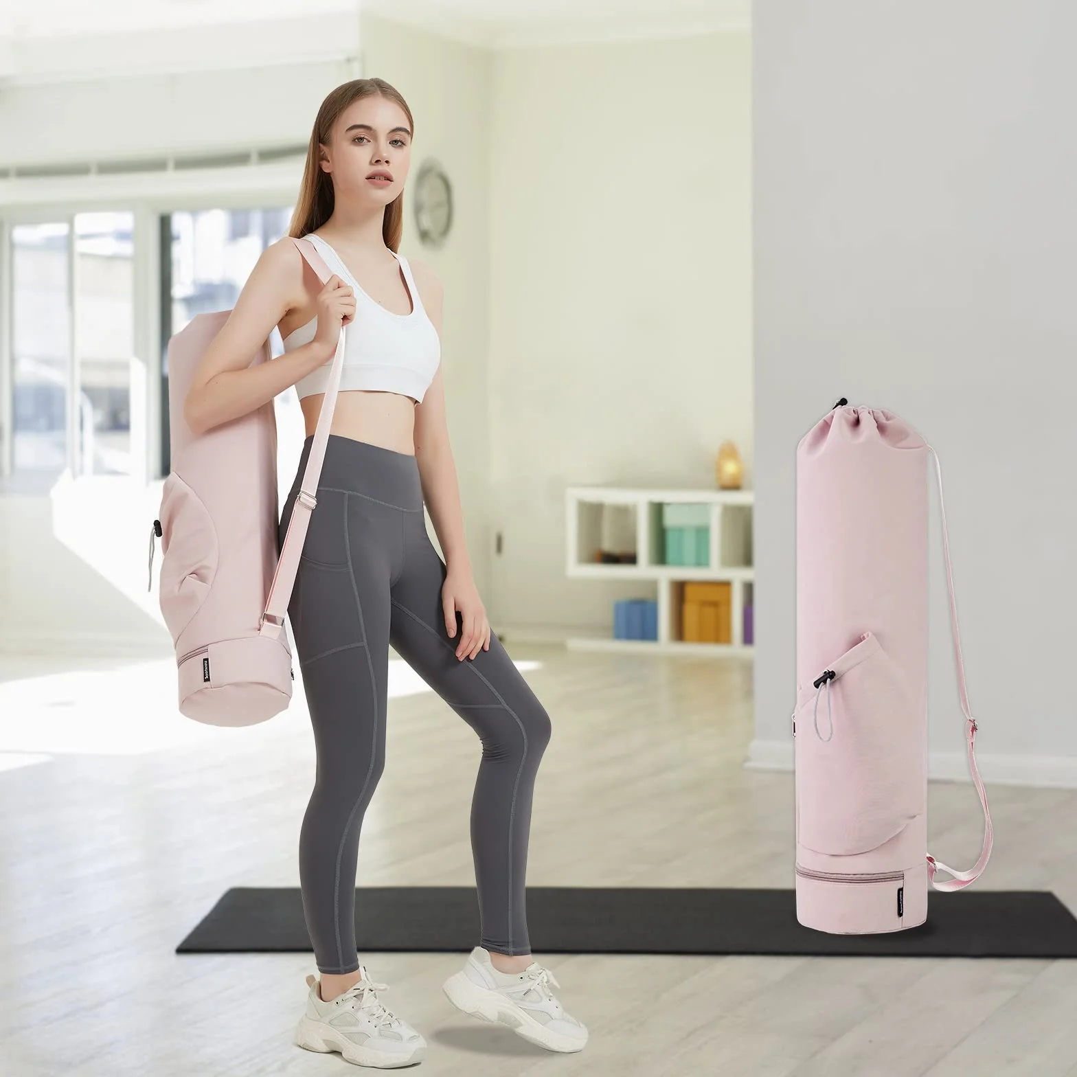 Torba do jogi z kieszenią na mokre i kieszenią na butelkę, torba sportowa, damska, regulowany pasek na ramię, na siłownię, jogę, pilates, akcesoria do jogi, różowa (zgłoszona patent)