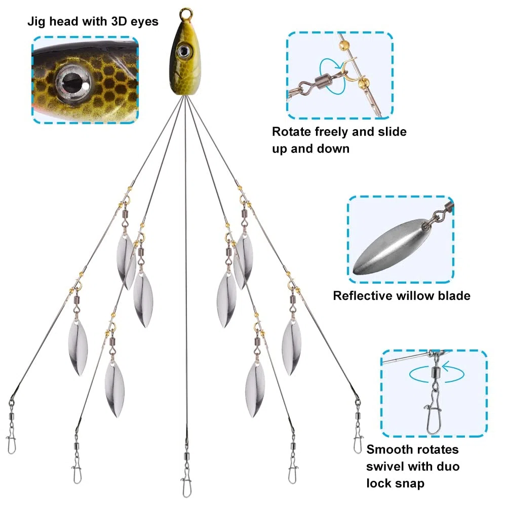 XhuangTech Przynęty Alabama Rig, 5 ramion Alabama Parasol Rig z miękkim ogonem wiosłowym do pływania przynęta basowa haczyk na szczupak / pstrąg / Crappie w słodkiej lub słonej wodzie