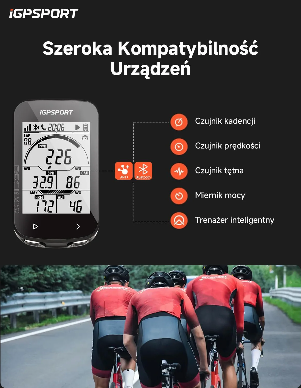 iGPSPORT BSC100SLicznik Rowerowy Bezprzewodowy, Ekran 2,6 Cala, 40 Godzin Pracy Na Baterii, Czujniki ANT+/BLE 5.0, Wodoodporność IPX7