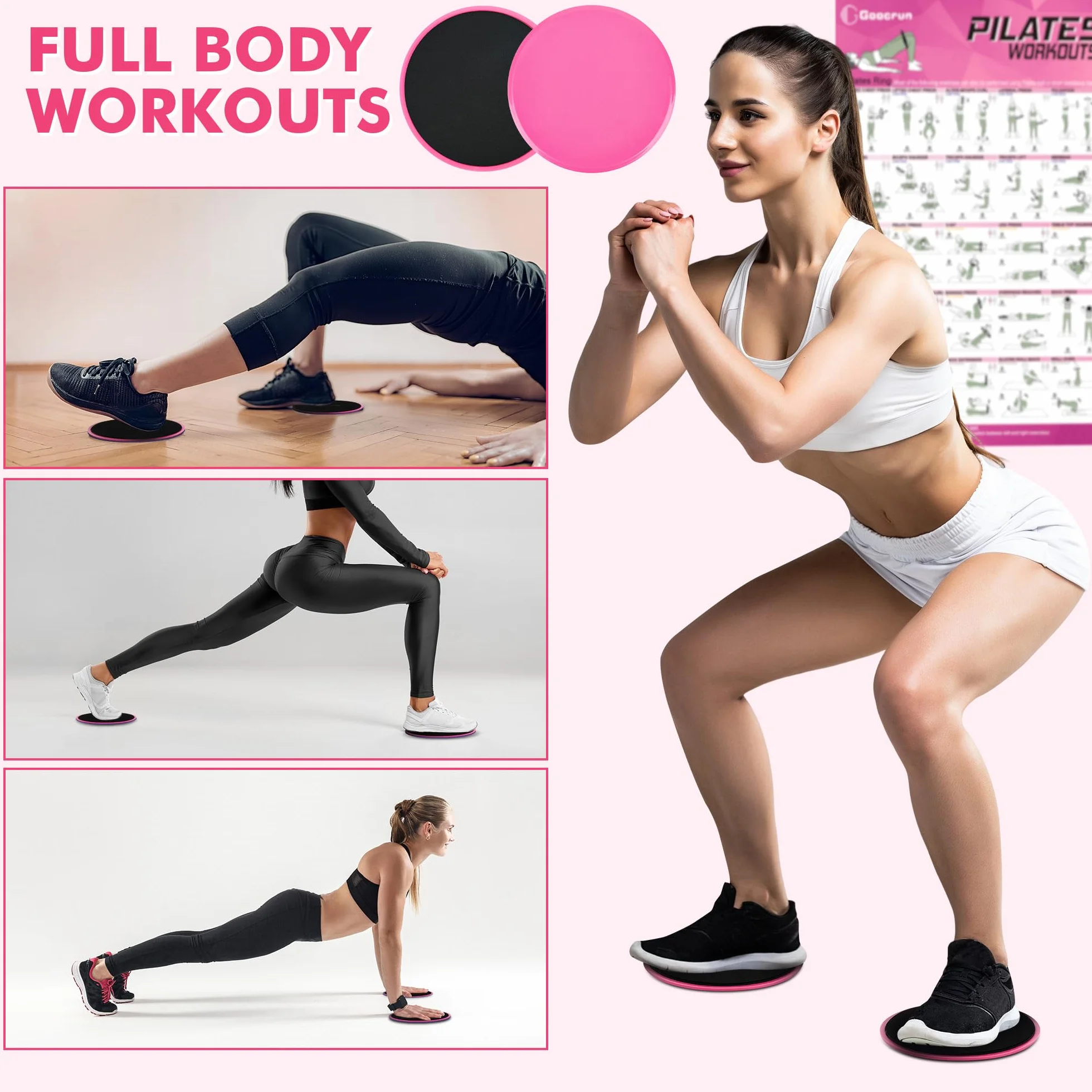 Goocrun Zestaw pierścionków do pilatesu, sprzęt do ćwiczeń z materiałowymi taśmami oporowymi, piłką do pilatesu, płytami ślizgowymi – sprzęt treningowy, do domu, na siłownię, kompletny plakat fitness