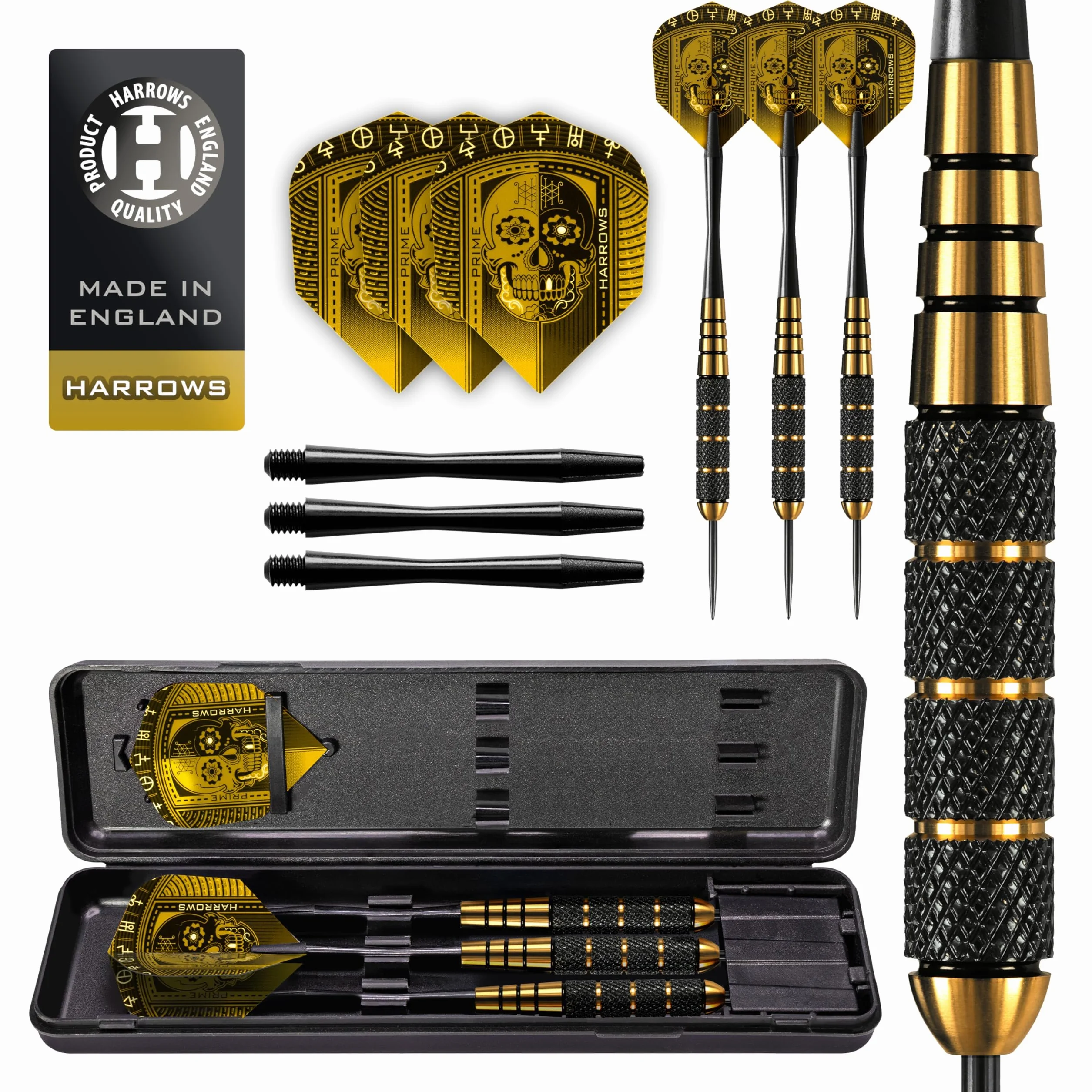 Lotki mosiężne Harrows Voodoo | Zestaw lotek ze stalową końcówką i walizką transportową | 19 g, 21 g, 23 g, 25 g i 27 g | Zawiera trzonki Speedline i lotki Marathon Voodoo 100 Micron