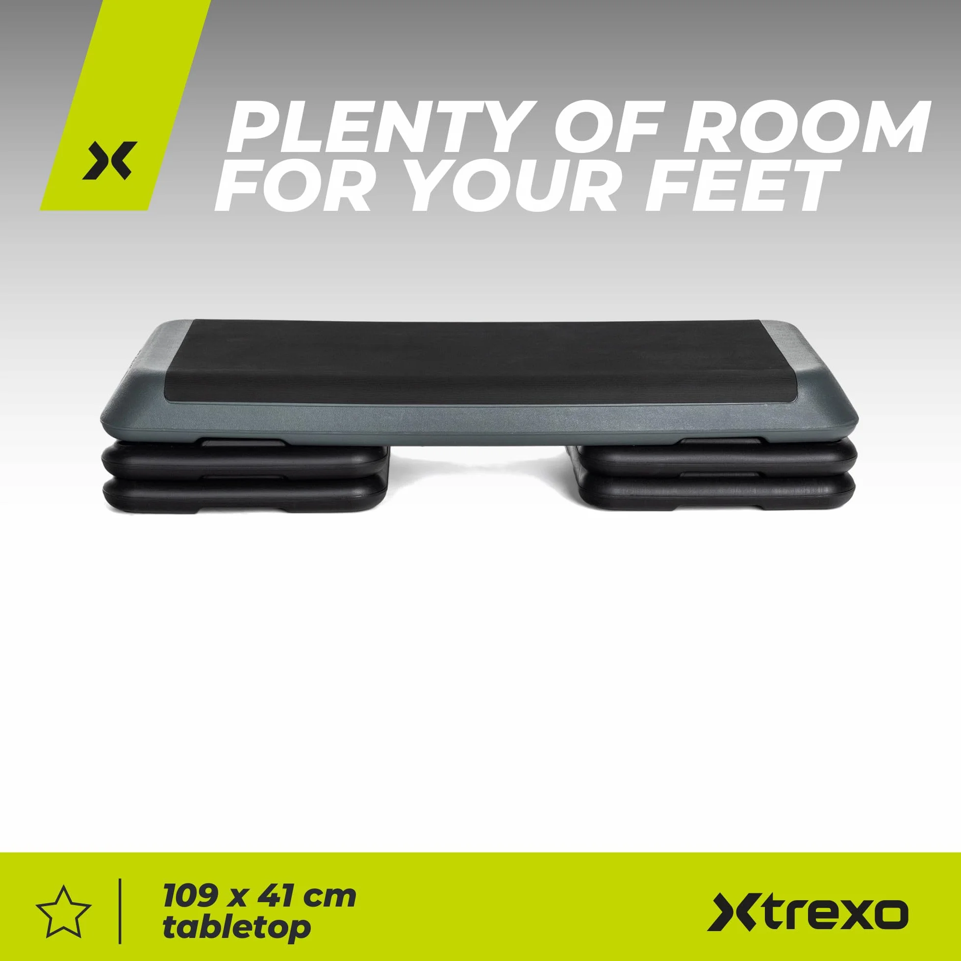 TREXO Step do Aerobiku 109 x 41 cm | Regulacja Wysokości 10-15-20 cm, Wytrzymały Materiał | Platforma do Ćwiczeń Cardio i Fitness do 250 kg | Szary | TRX-AS01